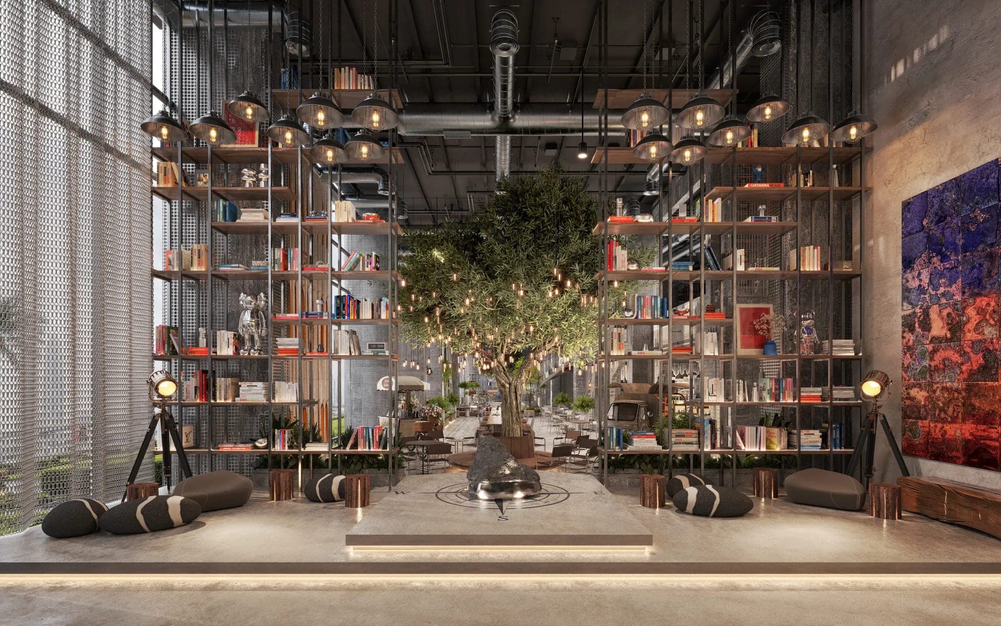 Render of the double-height library lounge at Raw District II by Imtiaz, with full-height shelving and exposed services overhead