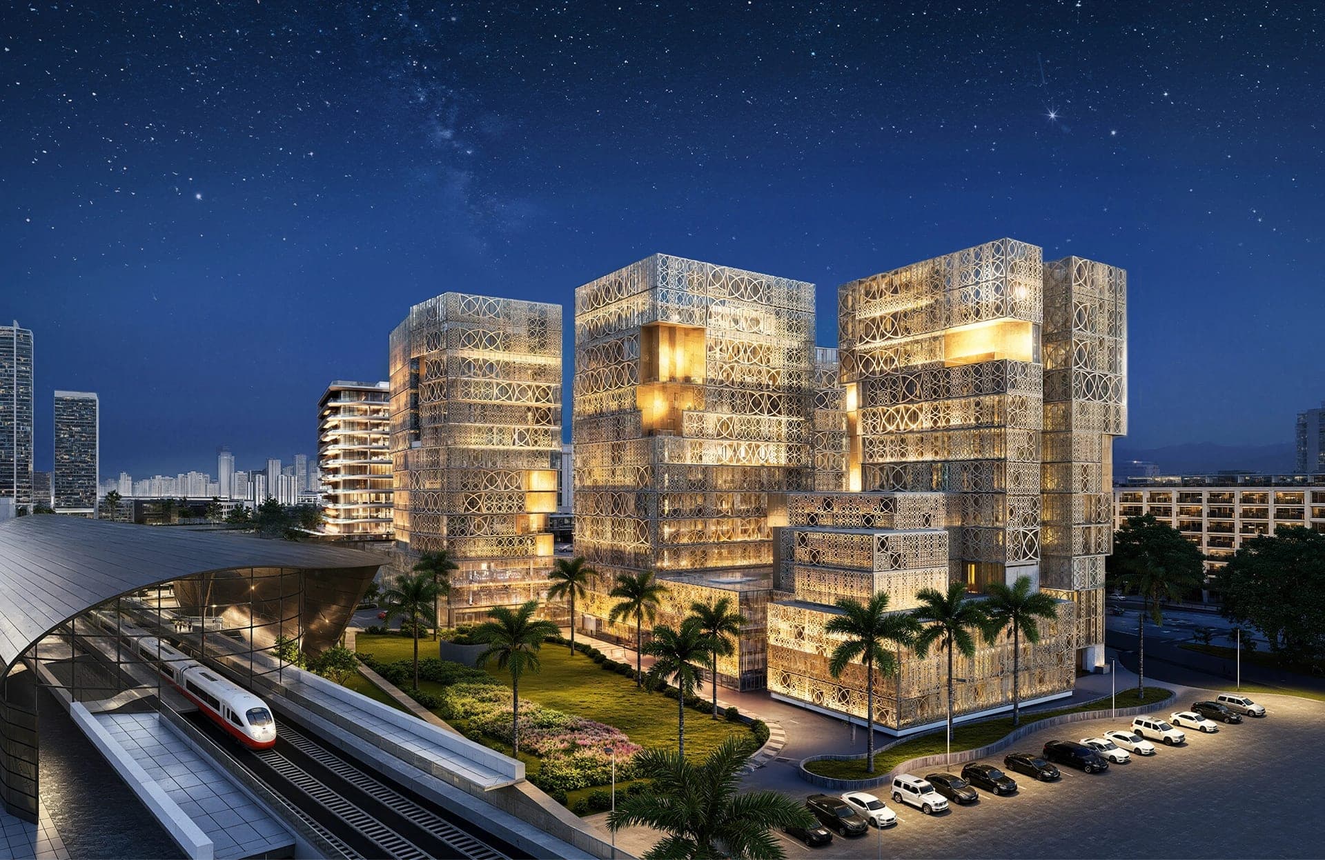 Render of Richmond District at dusk, an elevated view over the lit buildings with a metro line in the foreground