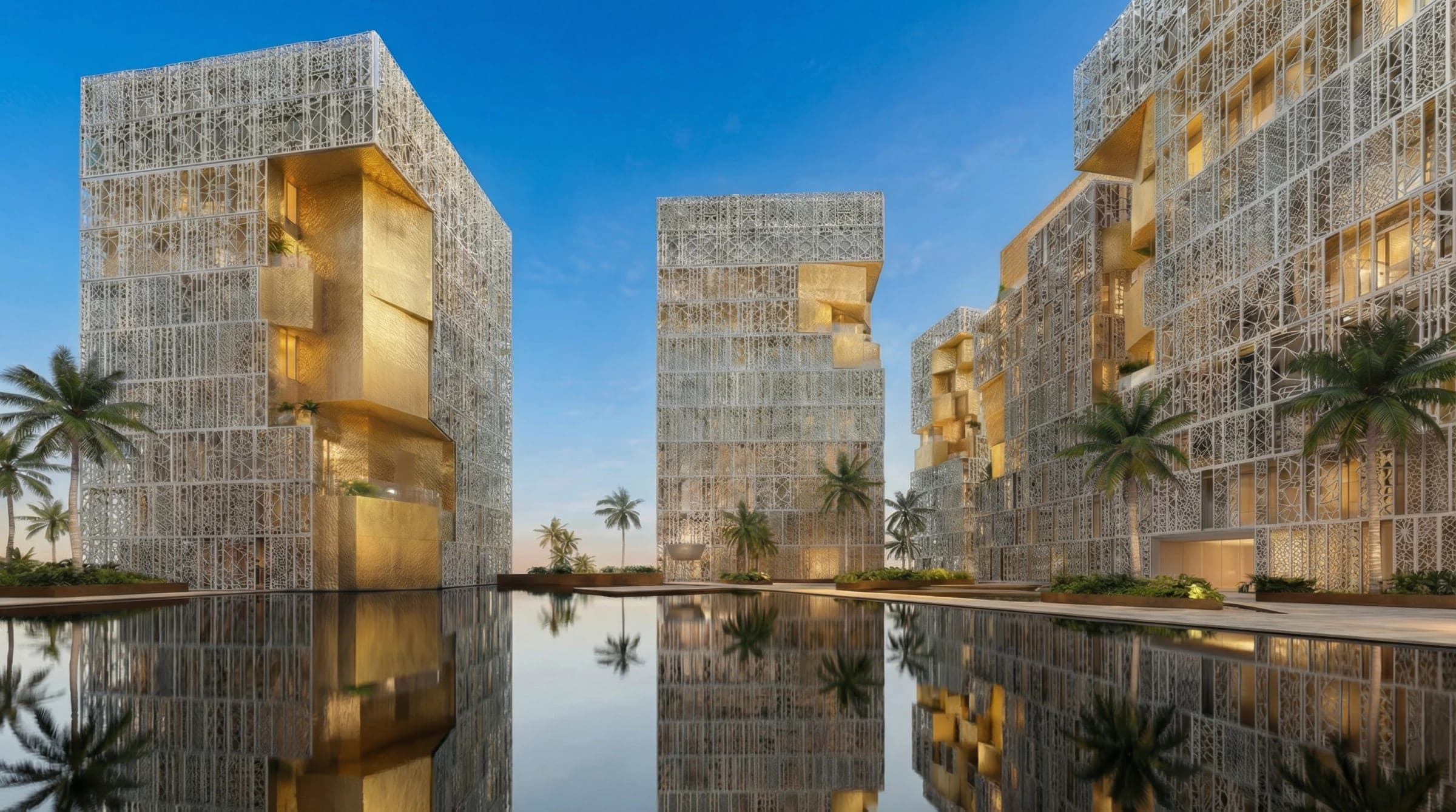 Render of Richmond District, its latticed façades and gold-lined balconies reflected in the water below