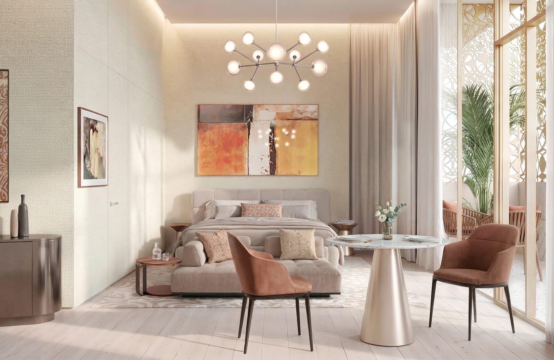 Render of a furnished bedroom in an apartment at Richmond District