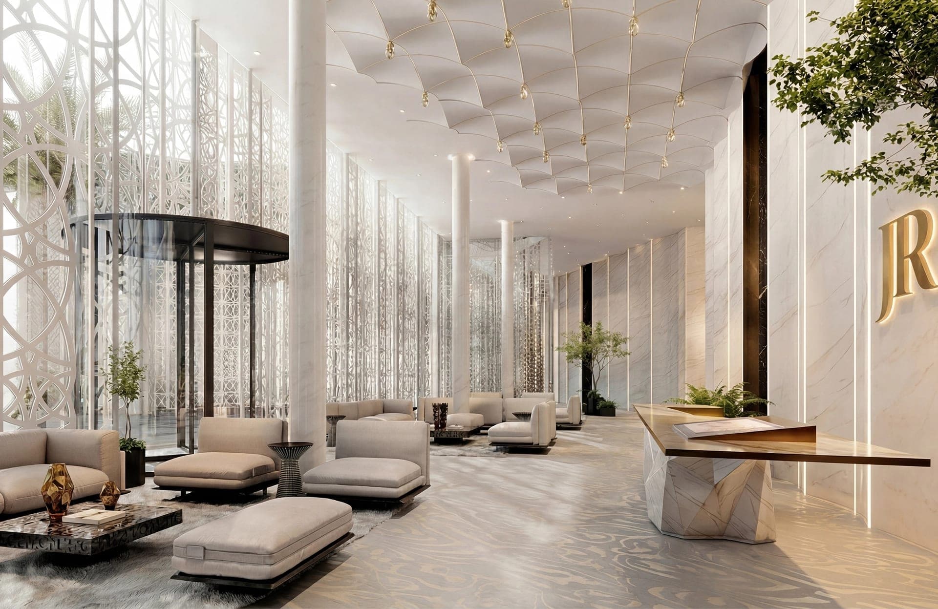 Render of the residents' lobby at Richmond District, with seating between latticed screens
