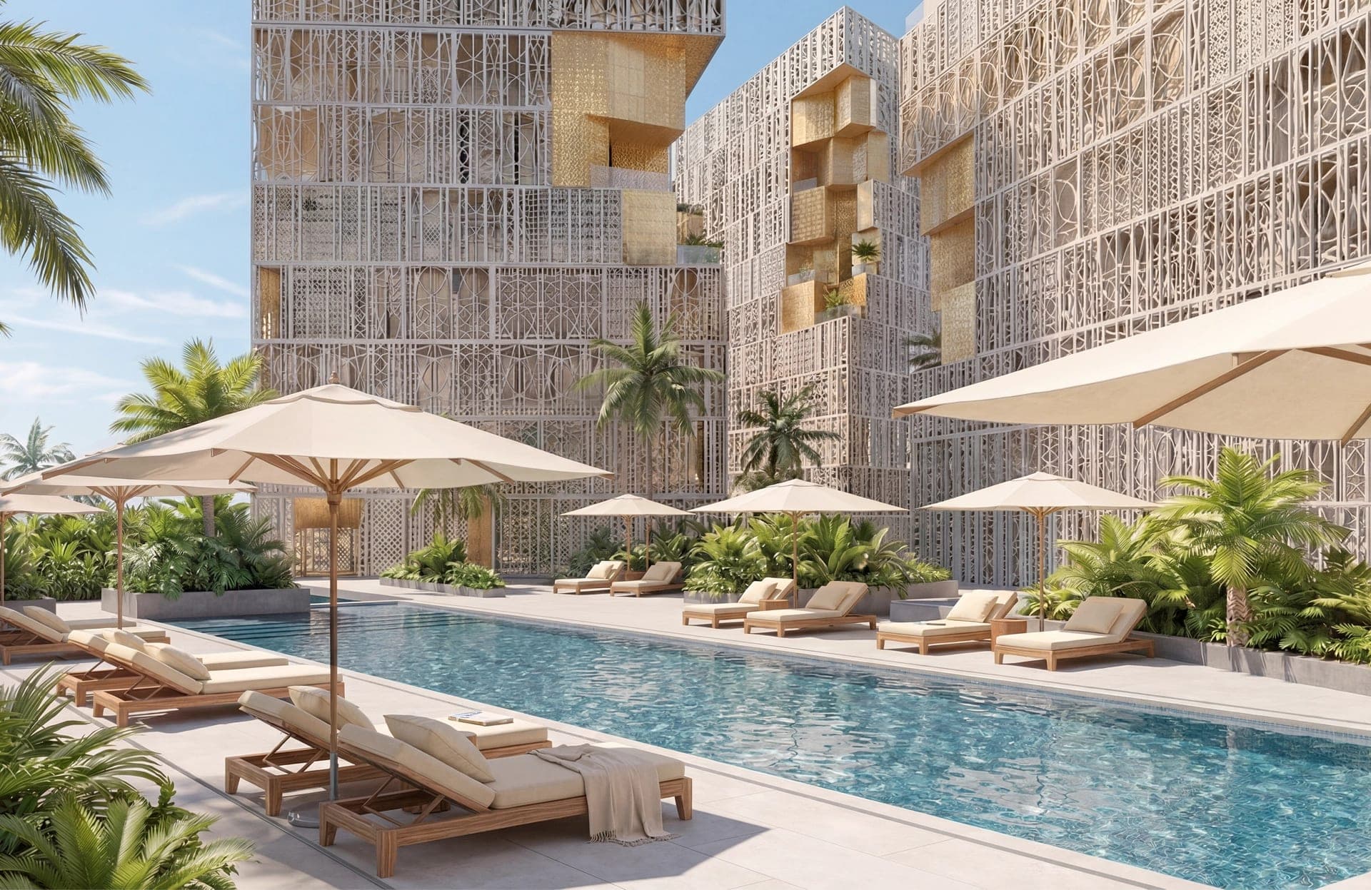 Render of the swimming pool, loungers and parasols on the deck at Richmond District