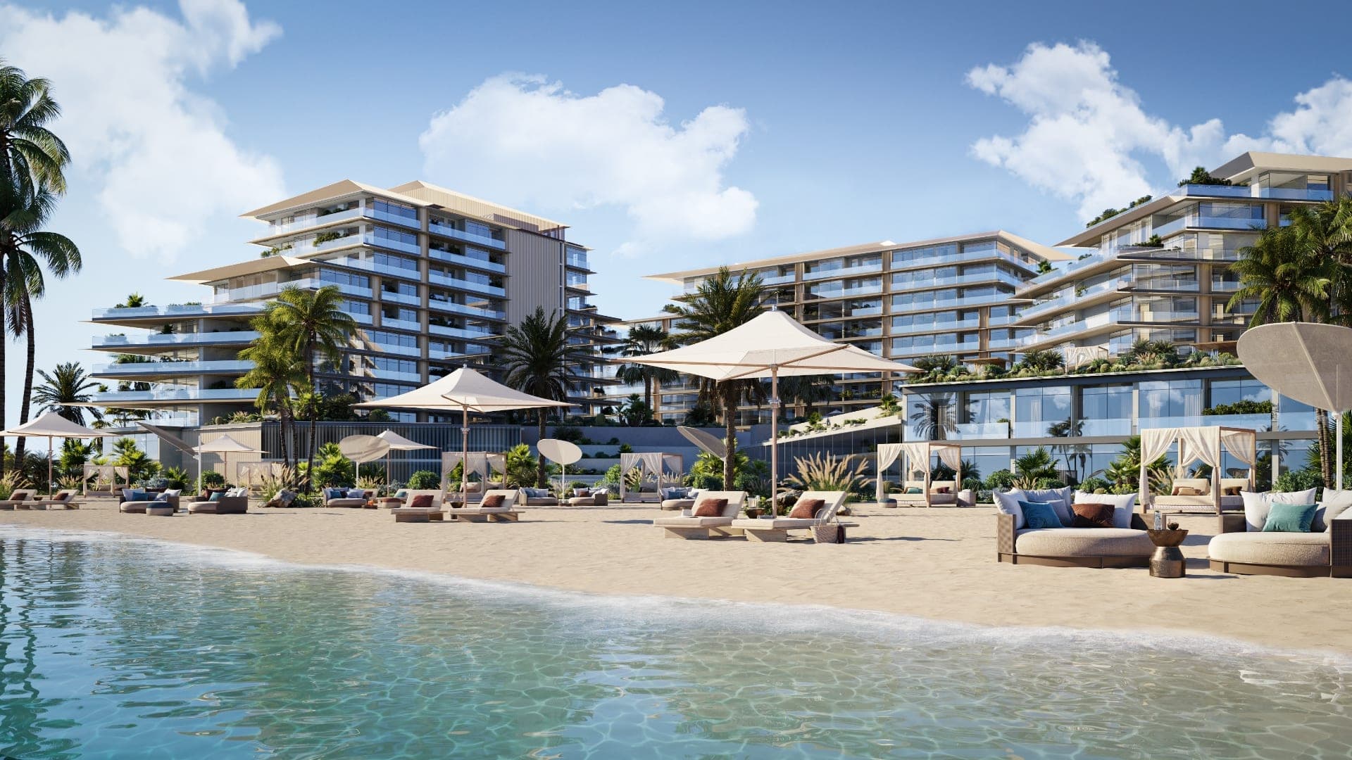 Render of the beach at Rixos Hotel & Residences, Dubai Islands, with shaded daybeds in front of the terraced buildings