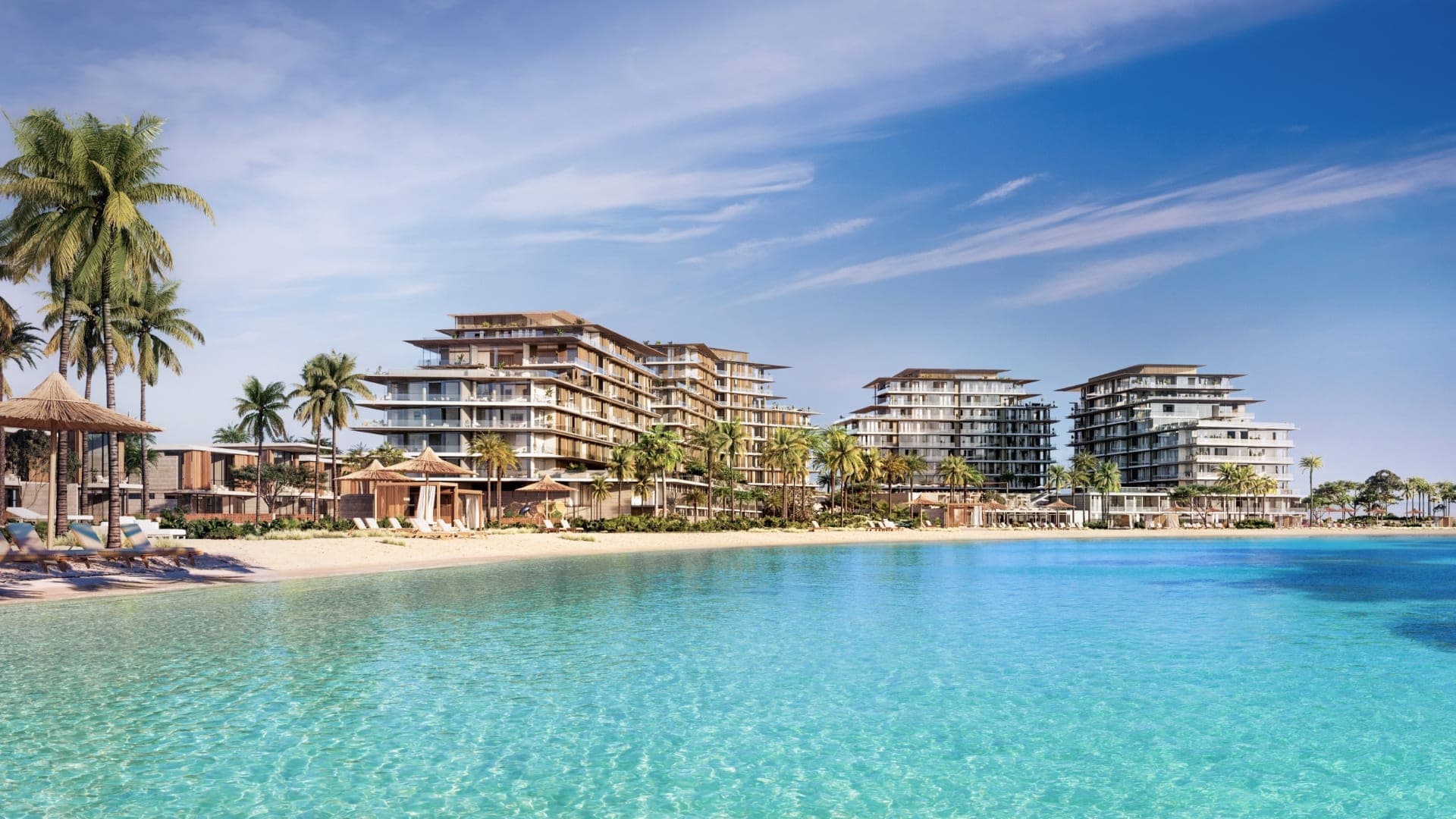 Render of the lagoon beach at Rixos Hotel & Residences, Dubai Islands, with the hotel and residence buildings behind