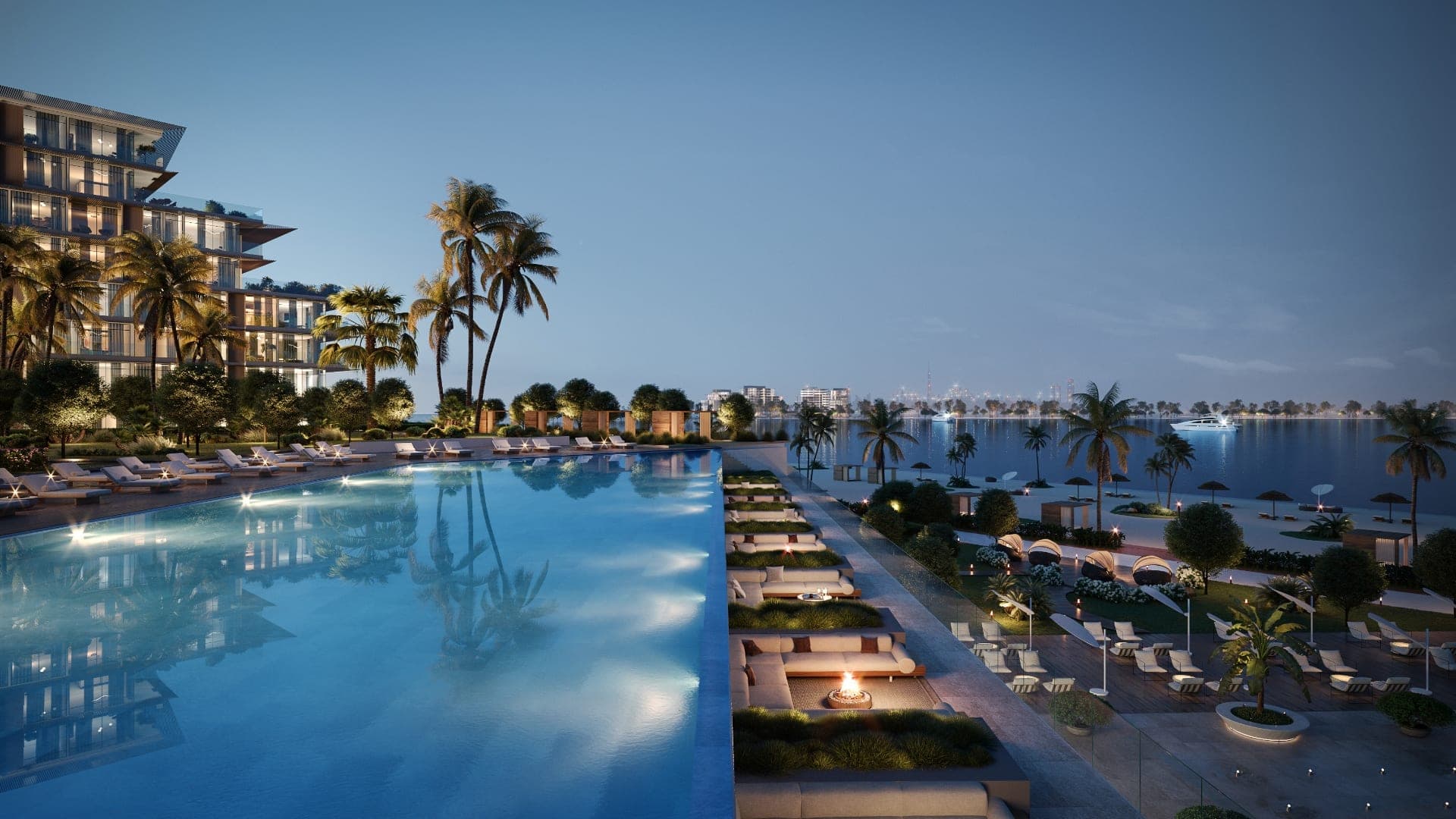 Render of a long pool terrace at Rixos Hotel & Residences, Dubai Islands at dusk, with loungers and a fire pit beside the water