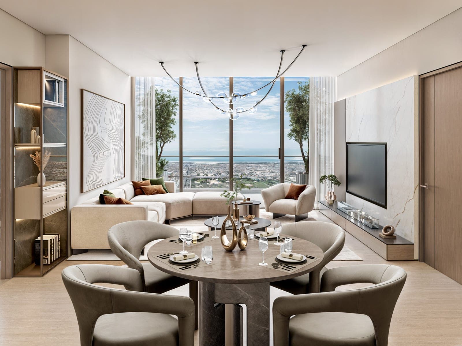 Render of a furnished living and dining room in a Safa Gate apartment, with a round dining table and floor-to-ceiling glazing over the city