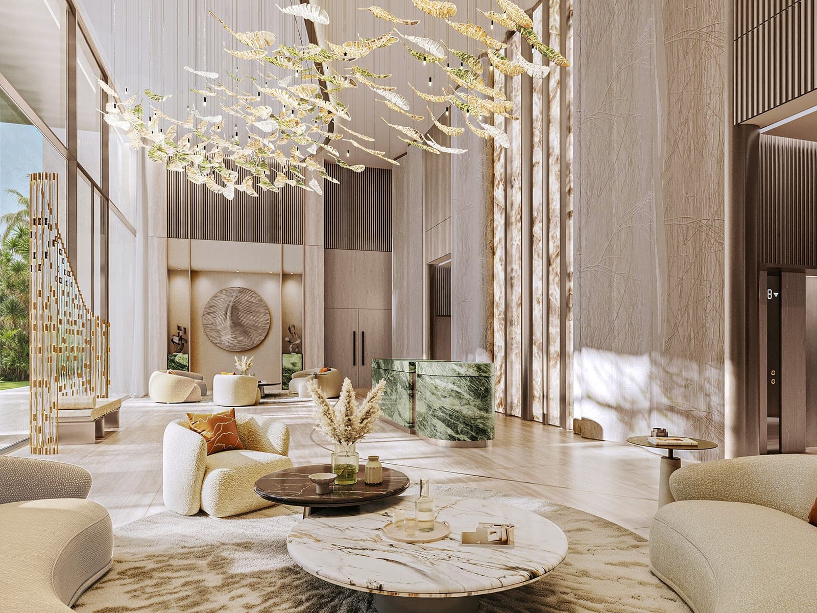 Render of the residents' lobby lounge at Safa Gate, a double-height space with a sculptural chandelier, stone walls and seating clusters