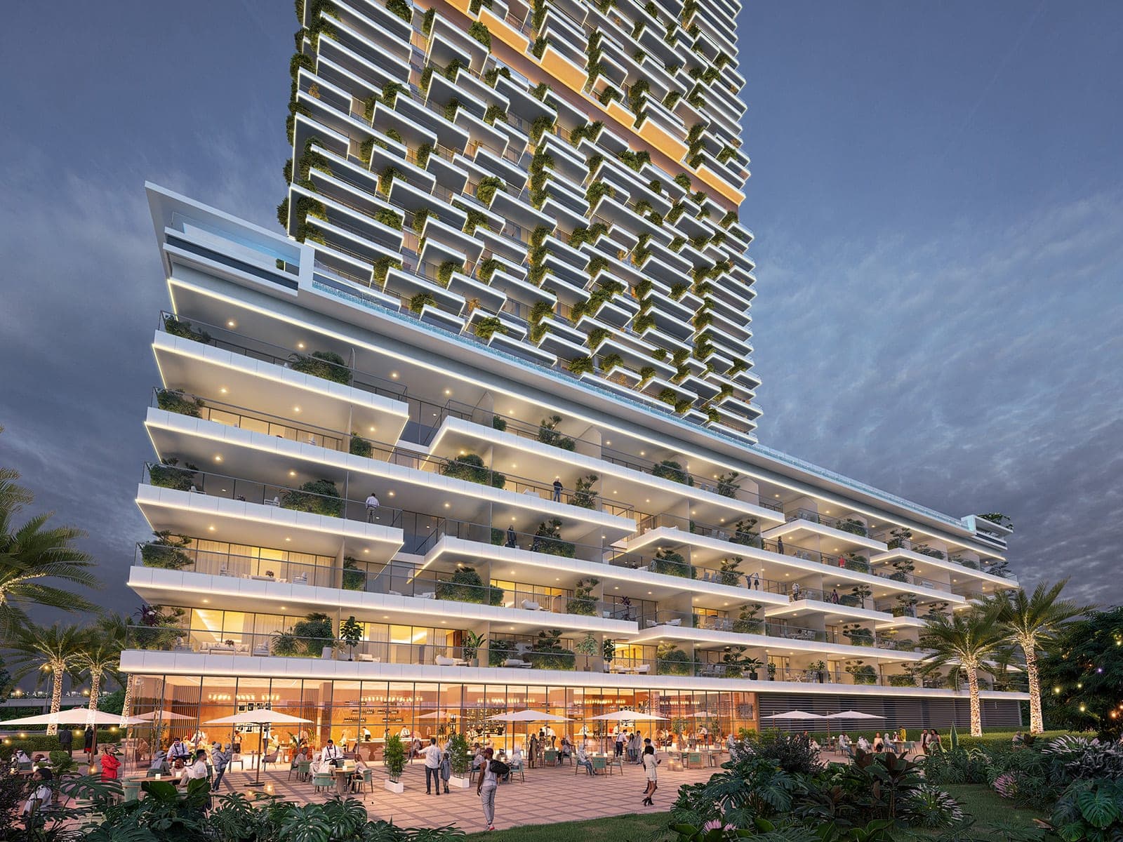 Render of the podium levels of Safa Gate at dusk, with stepped terraces above a lit ground-floor dining and retail frontage