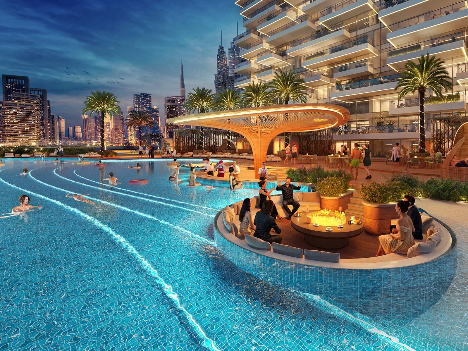 Render of the illuminated pool deck at Safa Gate after dark, with a central seating pavilion and the Downtown Dubai skyline beyond