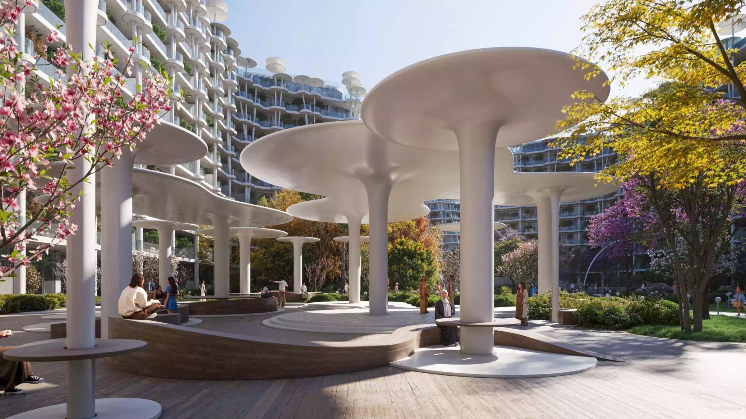 Render of the landscaped garden and shade canopies between the buildings at Sakura Gardens by HRE Development