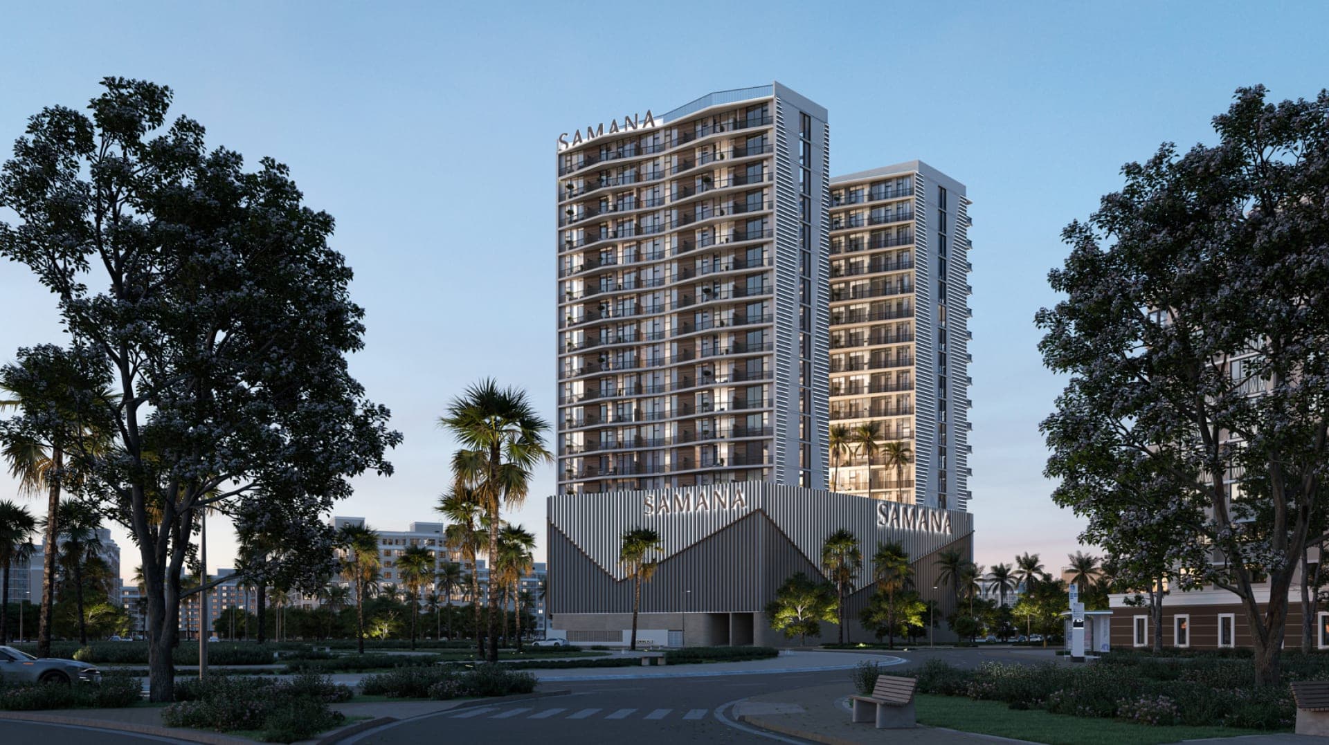 Render of SAMANA Greenfield 2 in Al Warsan, Dubai, seen across the landscaped forecourt between the two blocks
