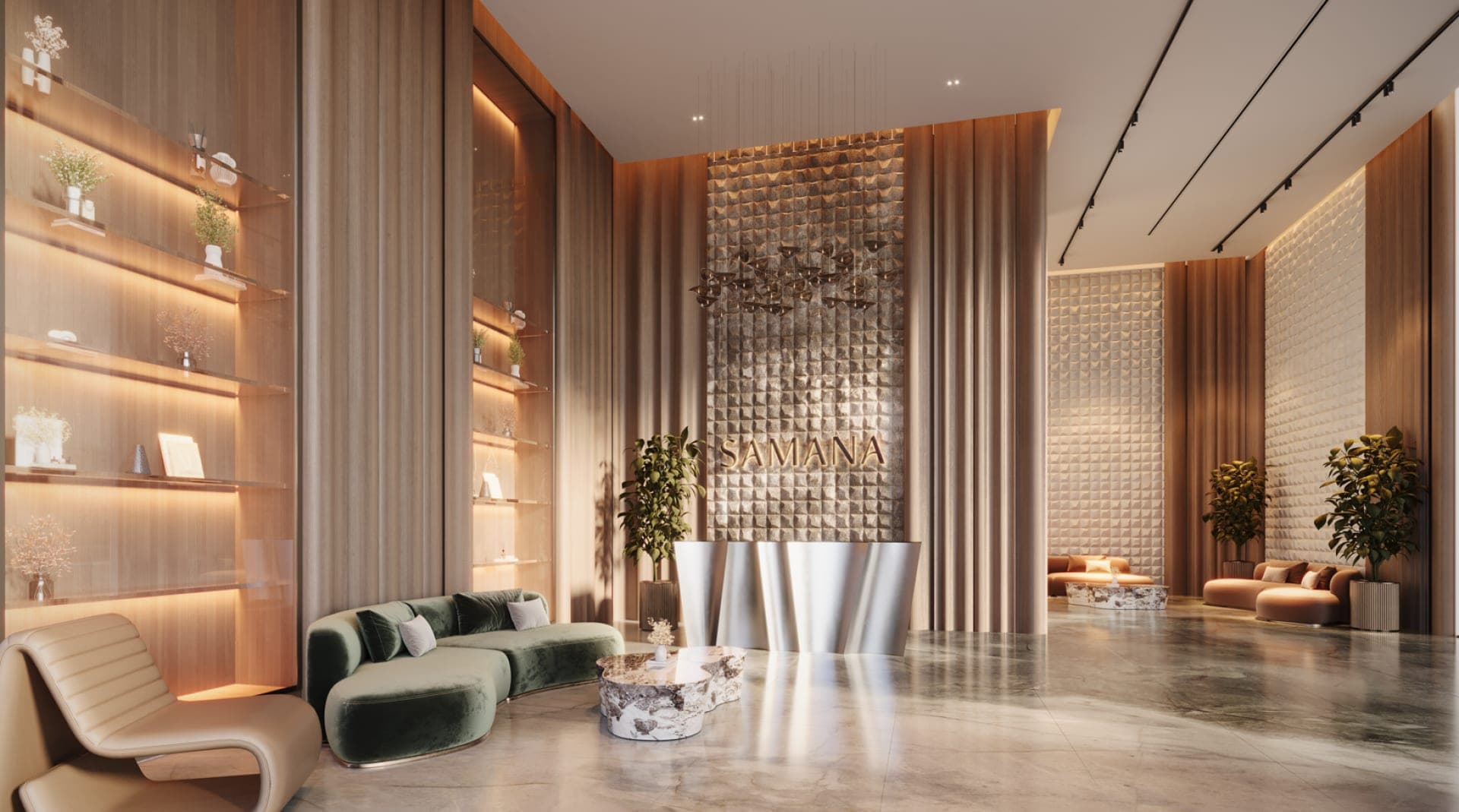 Render of the residents' lobby at SAMANA Greenfield 2, with a seating group in front of the SAMANA wall panel