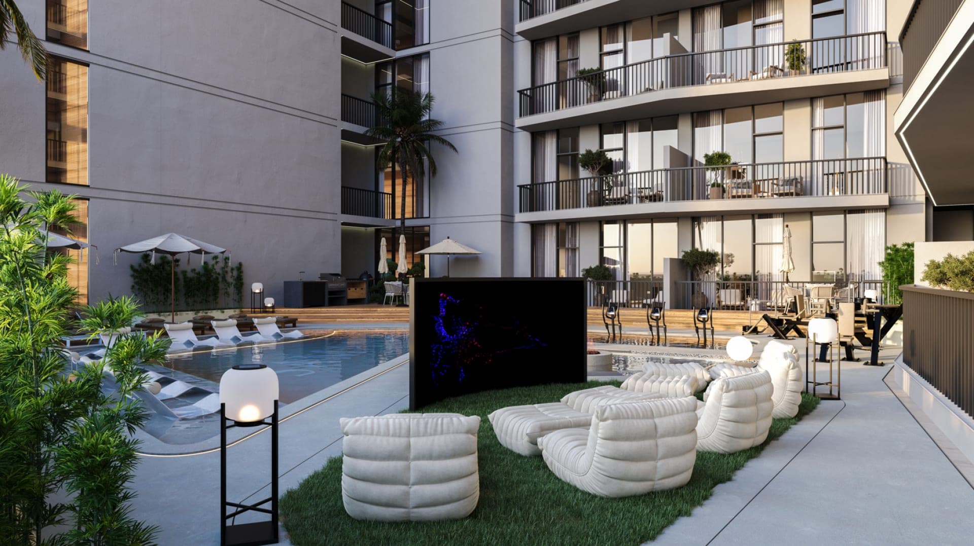 Render of the poolside outdoor cinema seating at SAMANA Greenfield 2
