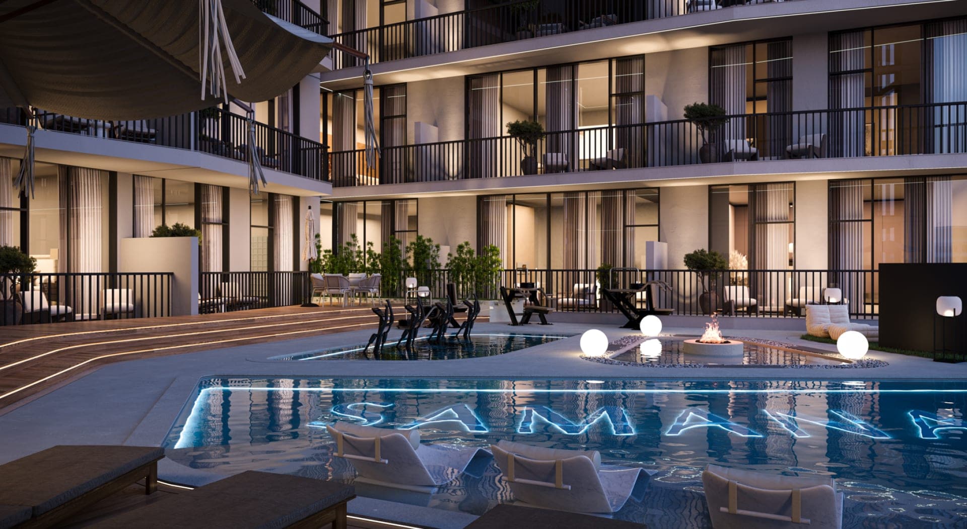 Render of the main pool and sun loungers on the podium deck at SAMANA Greenfield 2