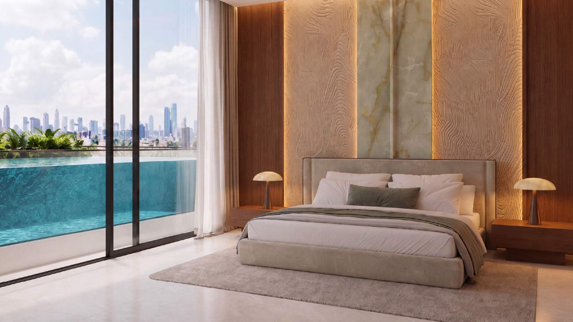 Render of a furnished bedroom at SAMANA Portside at Downtown Jebel Ali, opening onto a private pool on the terrace