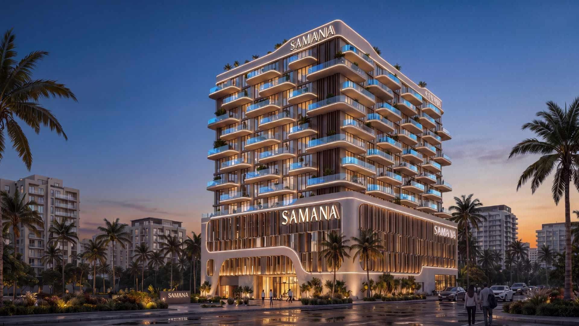 Render of SAMANA Portside at Downtown Jebel Ali at dusk, seen from the palm-lined street