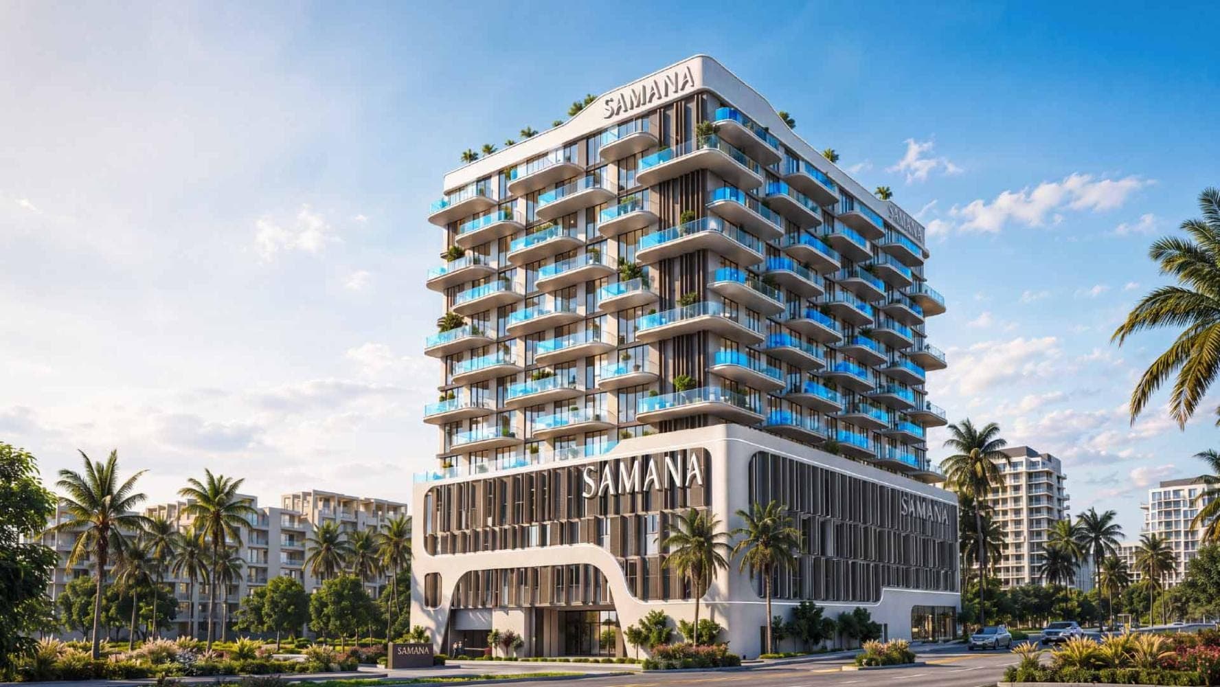 Render of SAMANA Portside at Downtown Jebel Ali, seen from the road in daylight with the SAMANA signage on the podium