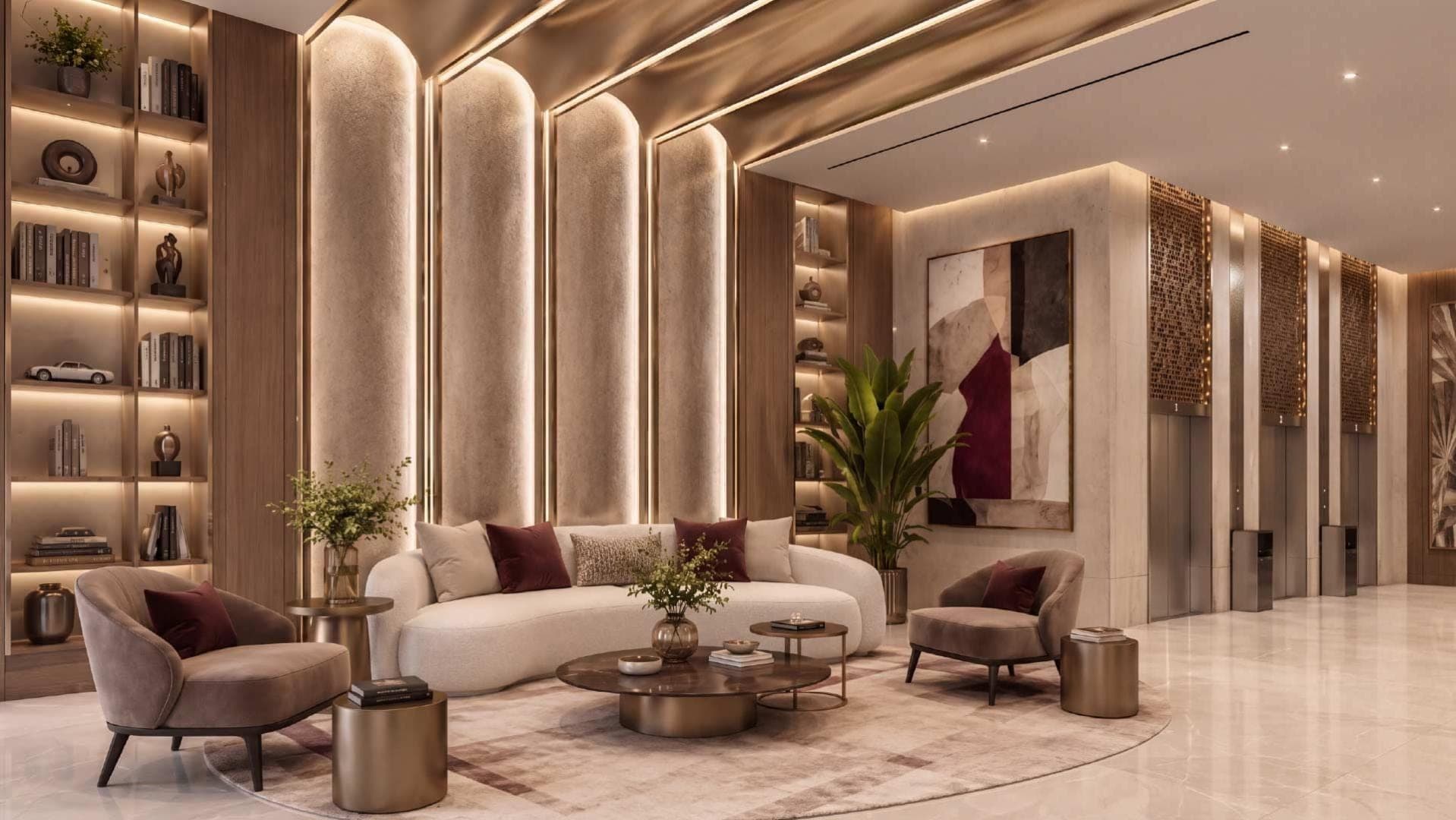Render of the residents' lobby and seating lounge at SAMANA Portside at Downtown Jebel Ali
