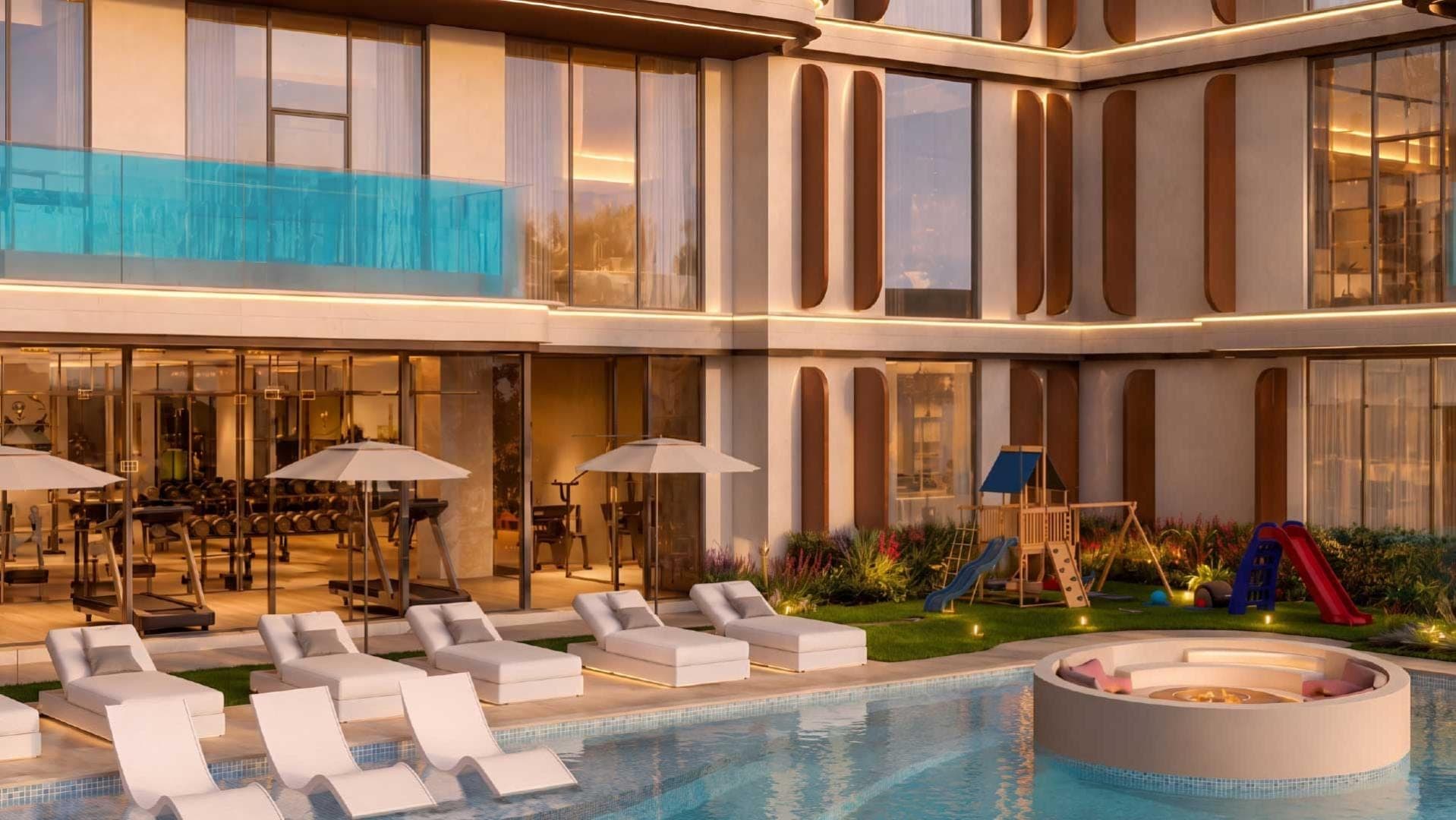 Render of the podium pool deck with loungers and a children's play area at SAMANA Portside at Downtown Jebel Ali