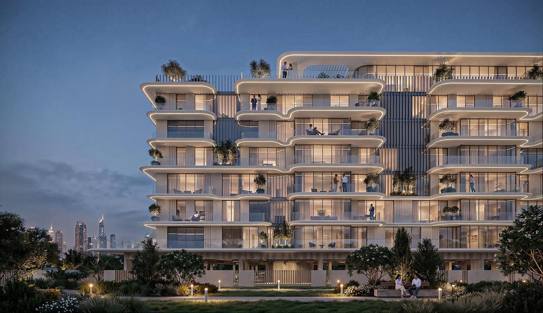 Render of SAMANA South Haven in Dubai South at dusk, lit curved balconies along the building above a landscaped garden