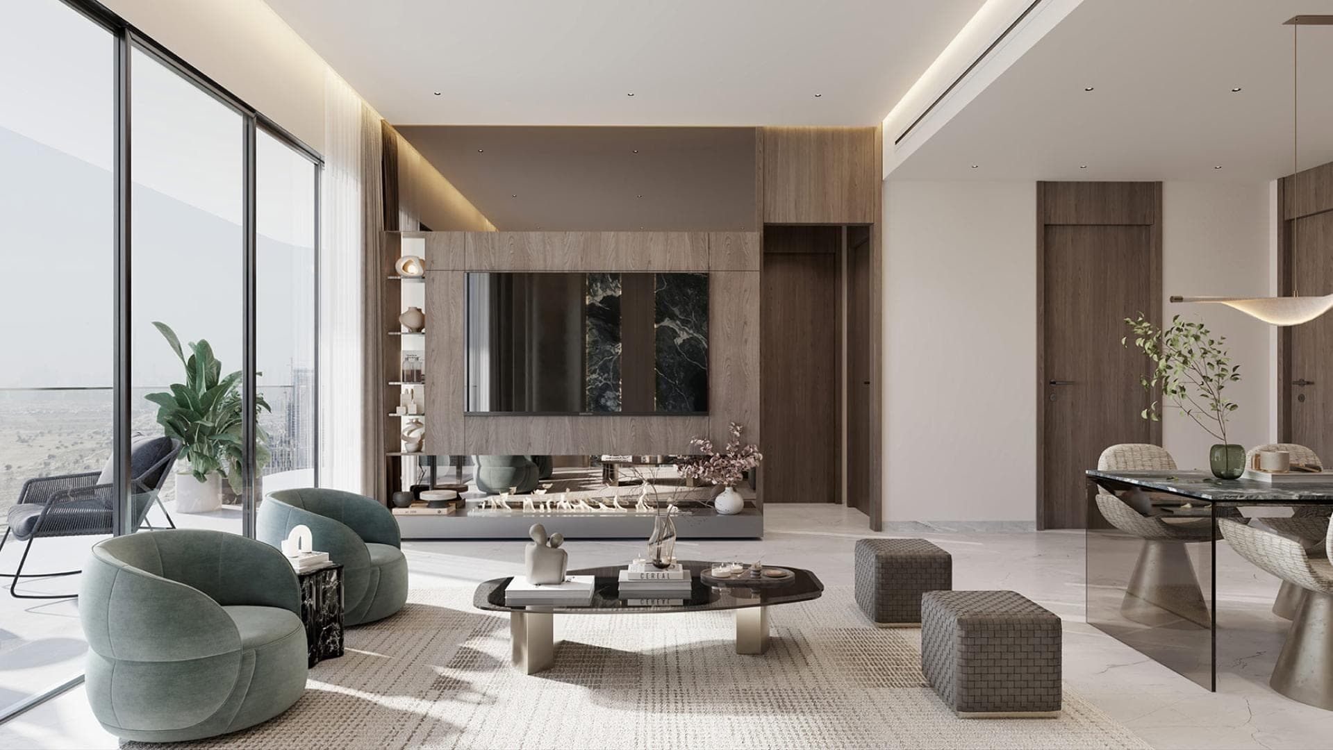 Render of a furnished living and dining room at SAMANA South Haven, with velvet armchairs, a double-sided fireplace and floor-to-ceiling glazing