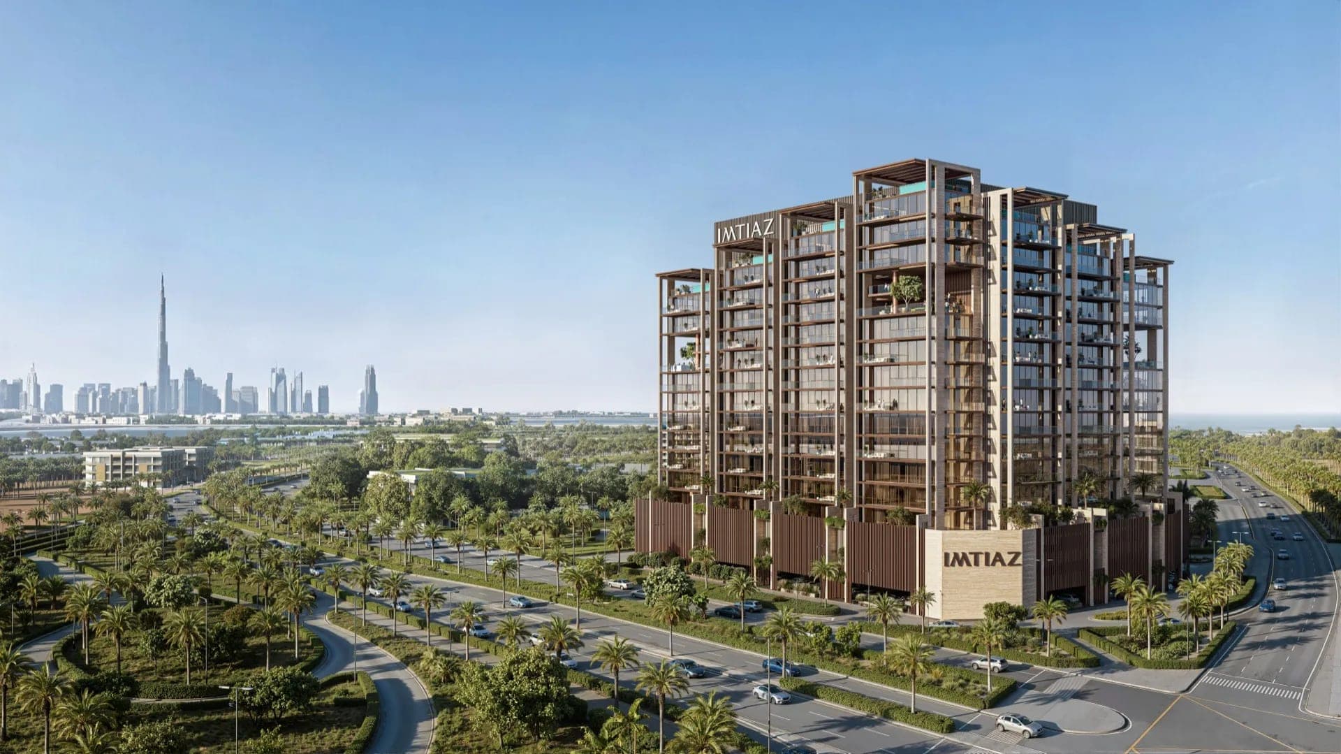 Render of Sea Cliff by Imtiaz on Dubai Islands, the stone-framed residential block with pergola-topped terraces beside a palm-lined road, with the Dubai skyline in the distance