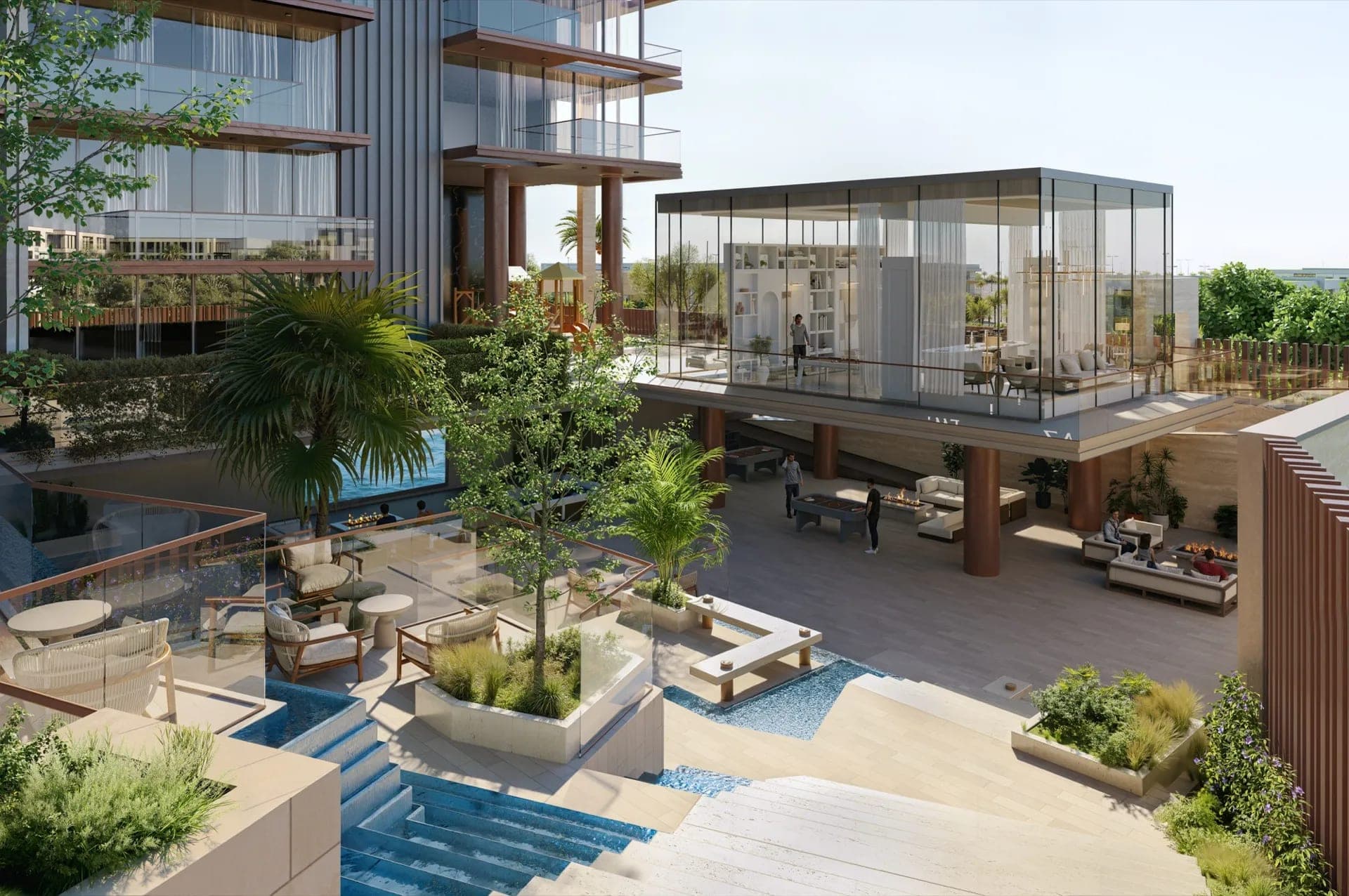Render of the podium garden at Sea Cliff by Imtiaz, with a glass-walled pavilion, stepped water features and shaded seating