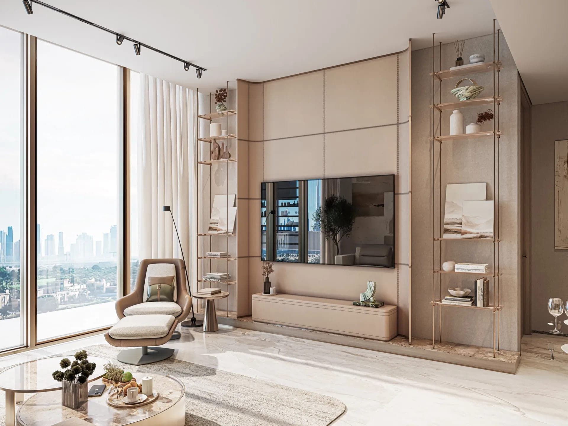 Render of a furnished living room at Sea Cliff by Imtiaz, with a panelled media wall, open shelving and a city view through full-height windows
