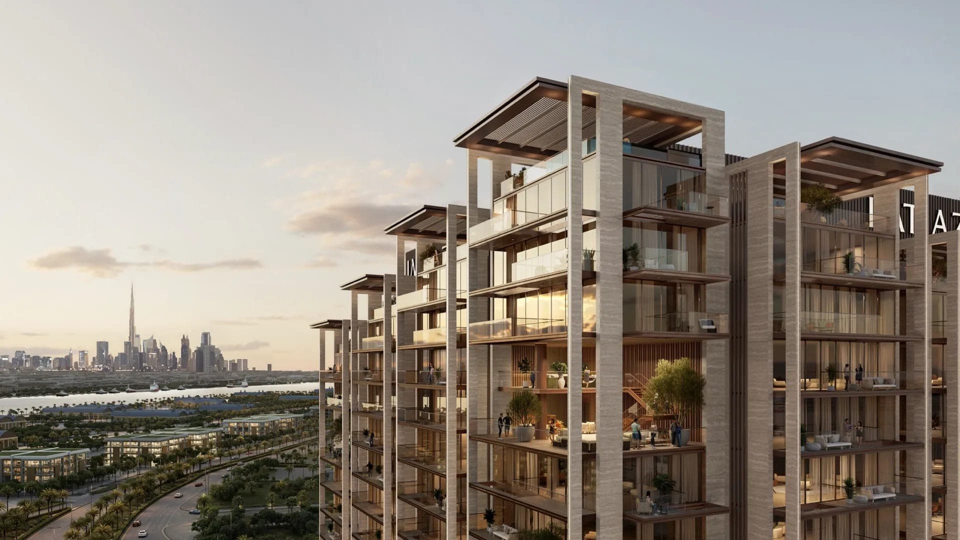 Render of the upper floors of Sea Cliff by Imtiaz in evening light, pergola-topped terraces looking across the water towards the Dubai skyline