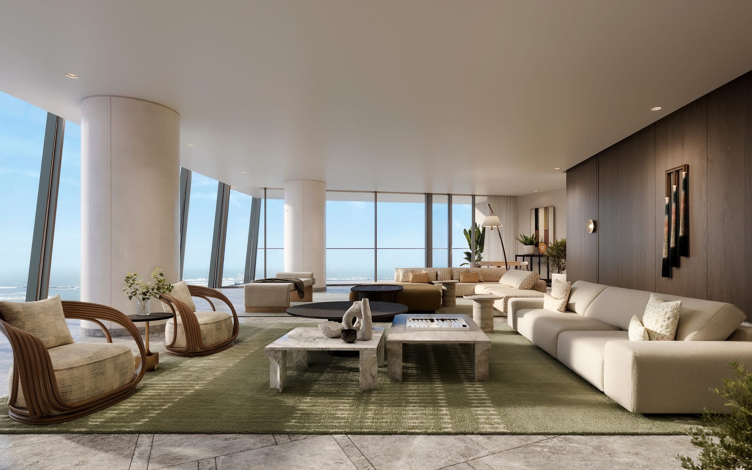 Render of a living room at Six Senses Residences Dubai Marina, with sofas, a green rug and full-height glazing facing the sea