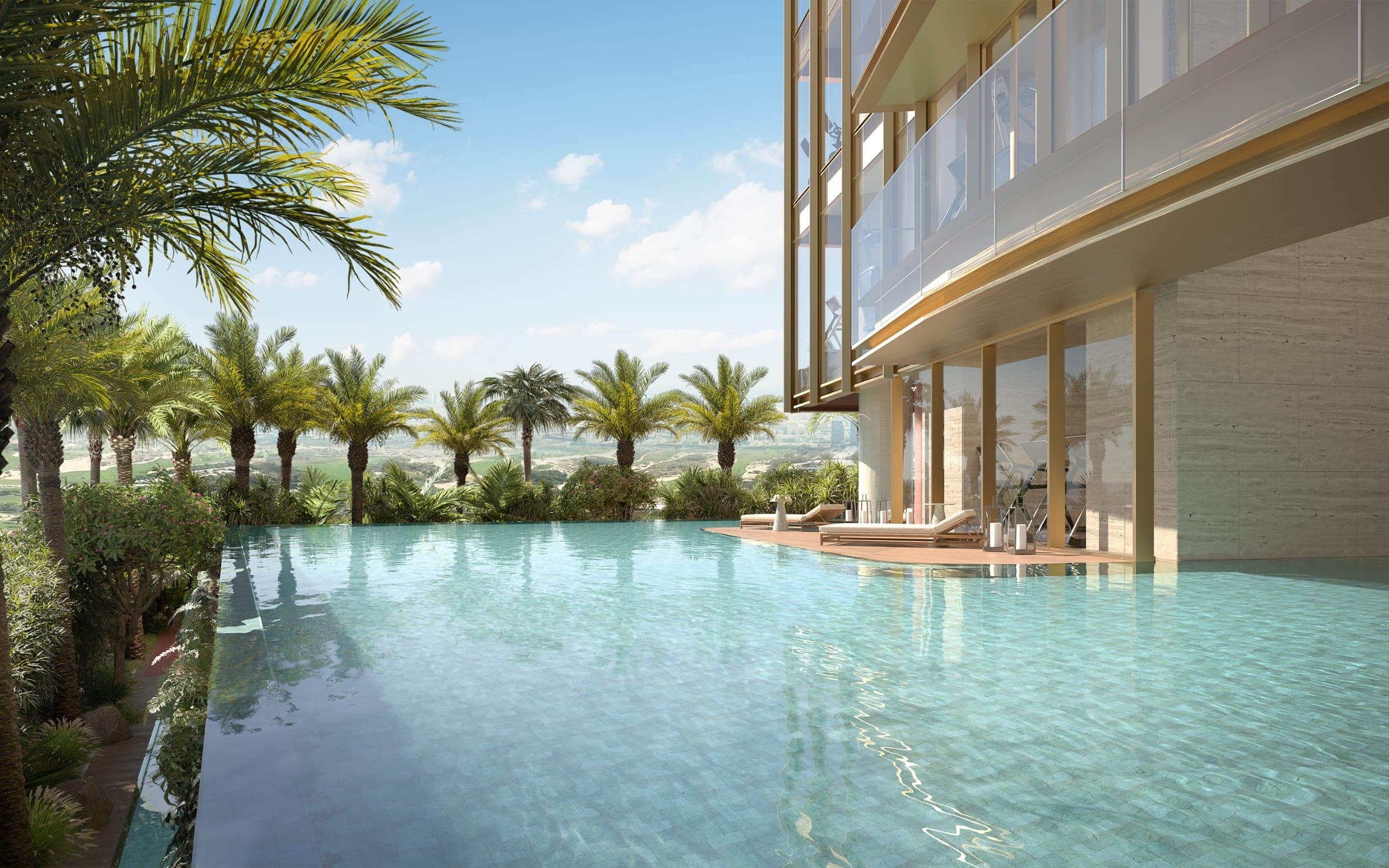 Render of an infinity-edge pool beside the glazed facade of Six Senses Residences Dubai Marina, lined with palms