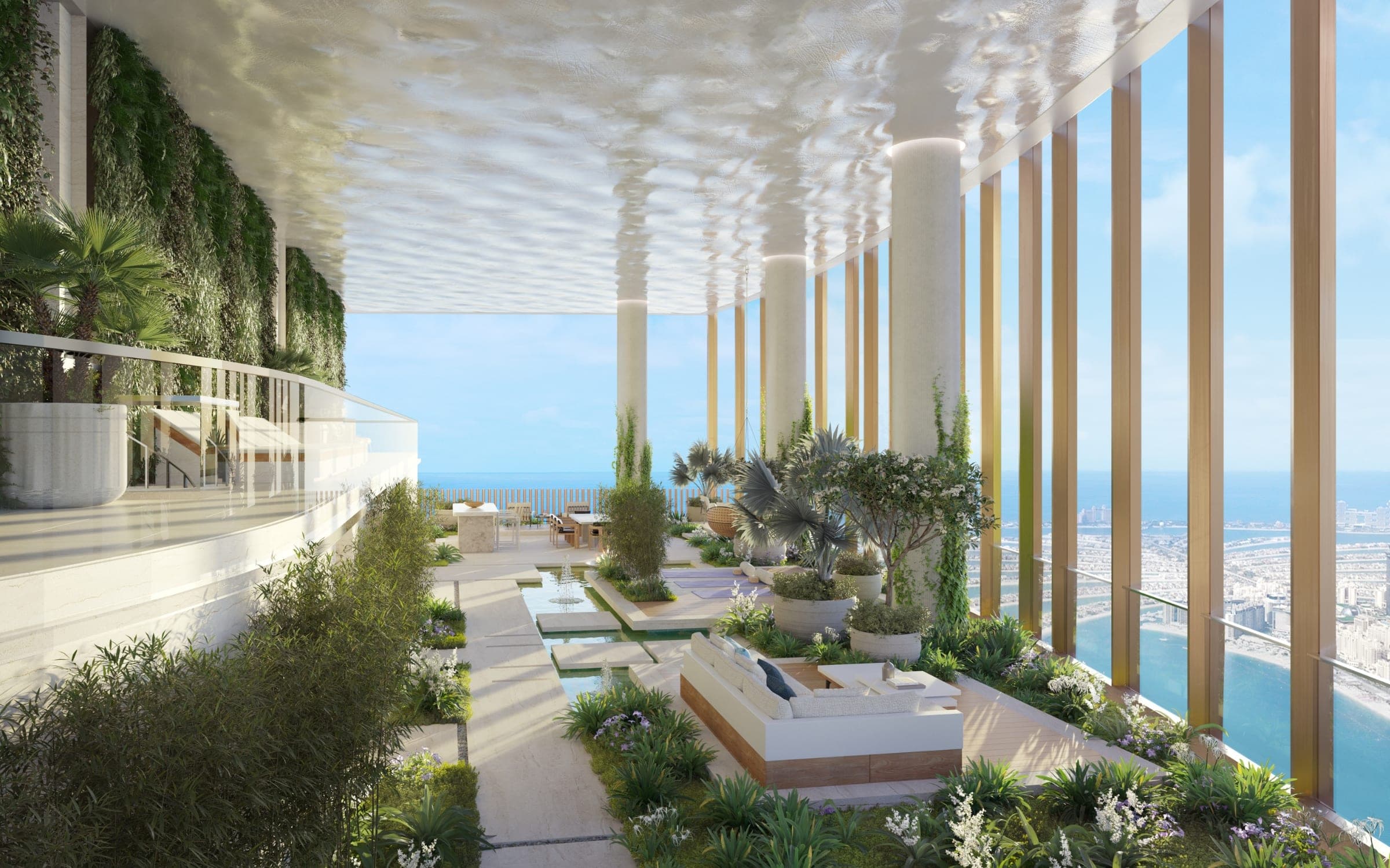 Render of a planted sky garden at Six Senses Residences Dubai Marina, with seating, water channels and full-height views over the coast
