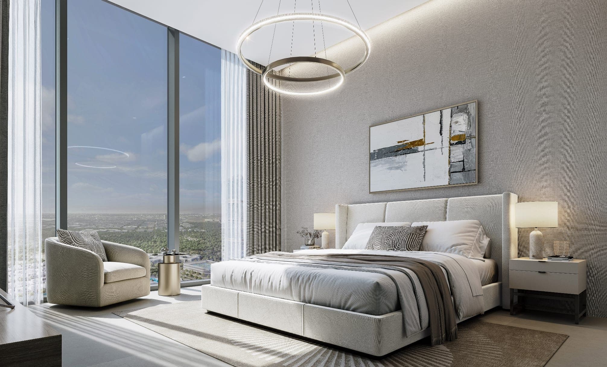 Render of a furnished bedroom in a Skyvue Altier apartment, with an upholstered bed, an armchair and glazing onto the view