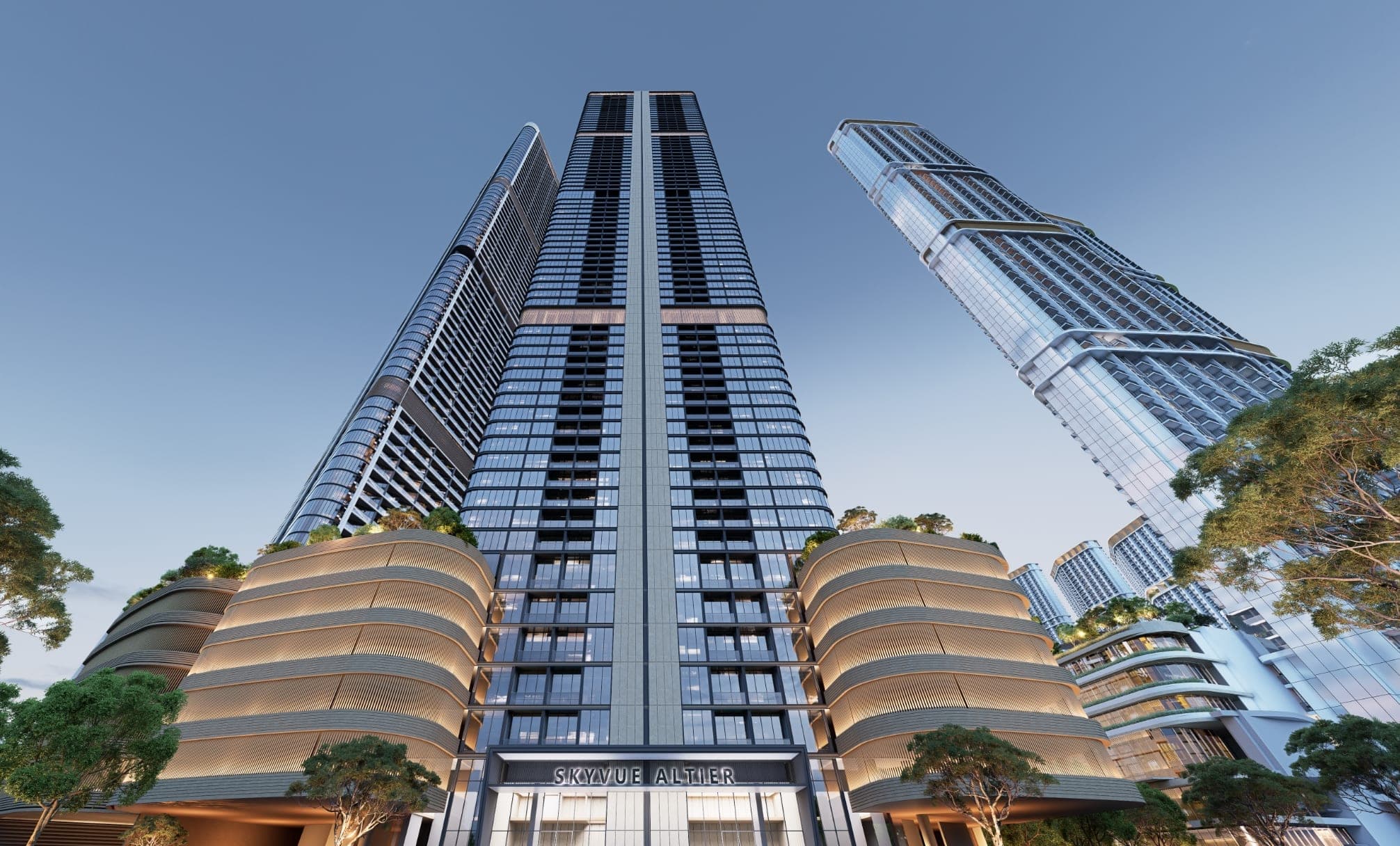 Render of Skyvue Altier looking up from the tower base, where the Skyvue Altier signage sits below the curved podium and the tower above