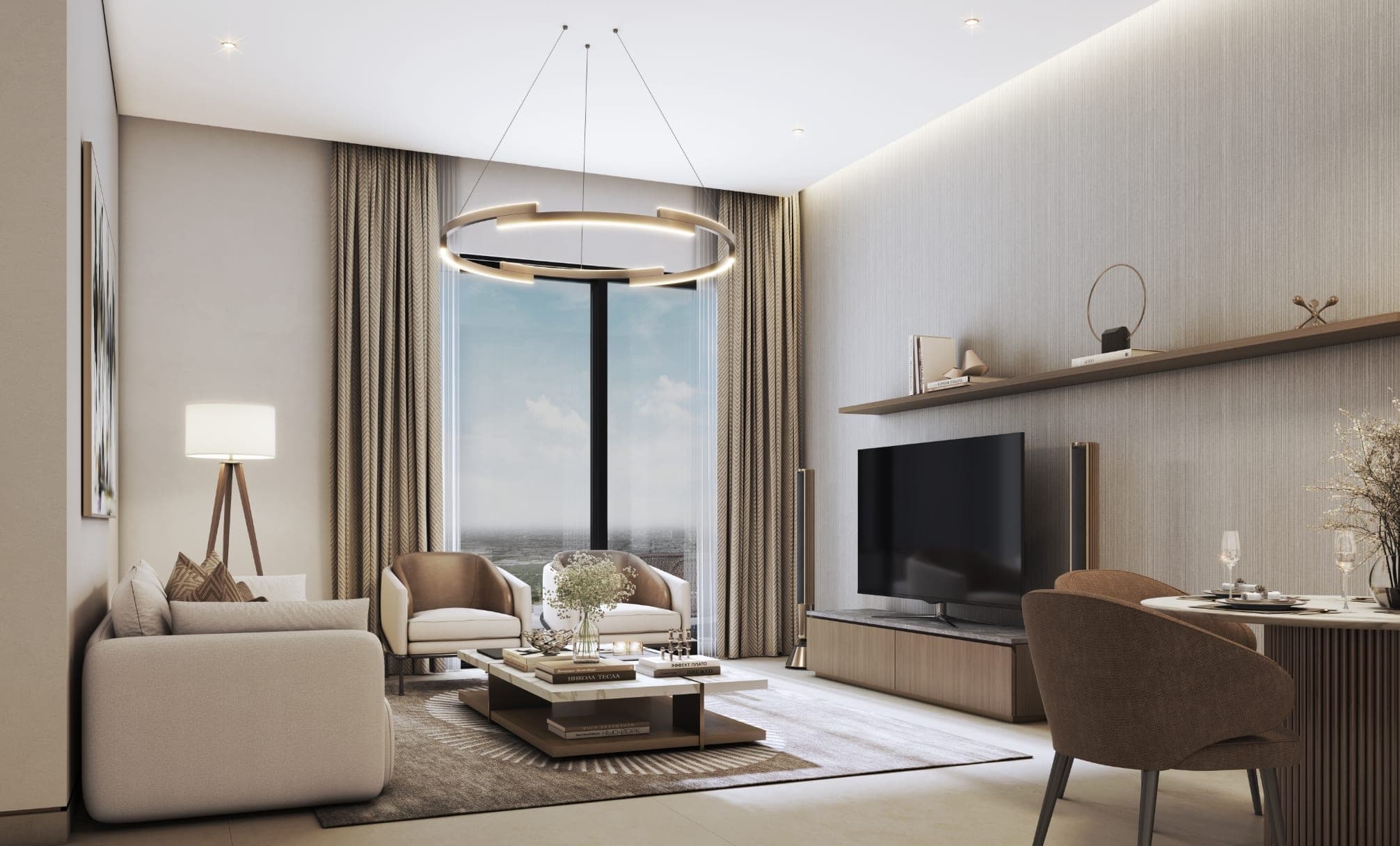 Render of a furnished living room in a Skyvue Altier apartment, with a sofa facing a wall-mounted screen and a full-height window