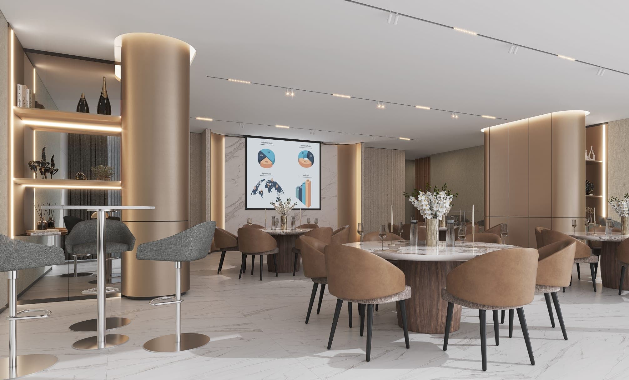 Render of a residents' lounge and dining room at Skyvue Altier, with a curved bar counter, banquette seating and round tables