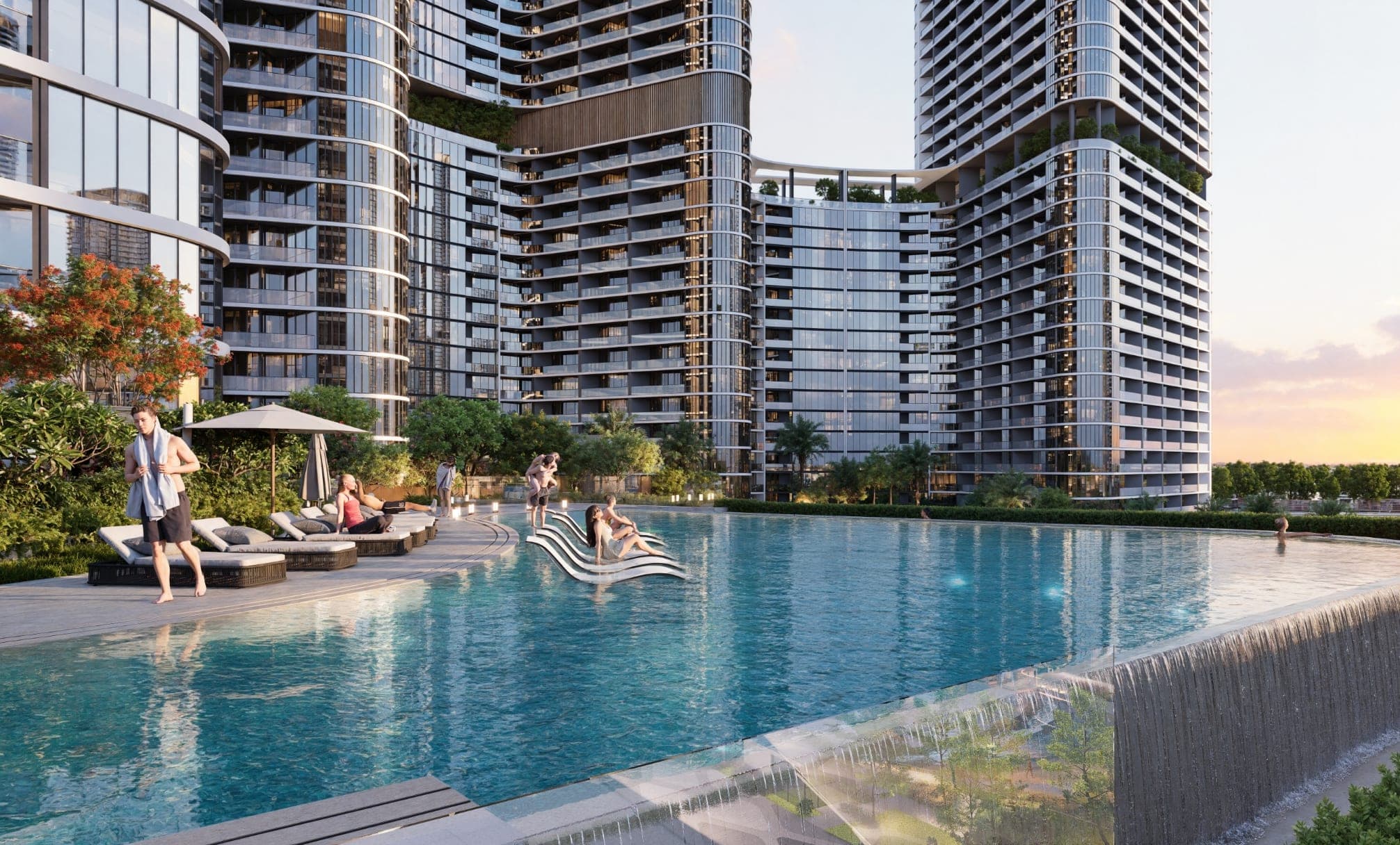 Render of the podium pool at Skyvue Altier, with sun loungers along the water's edge and the towers rising behind