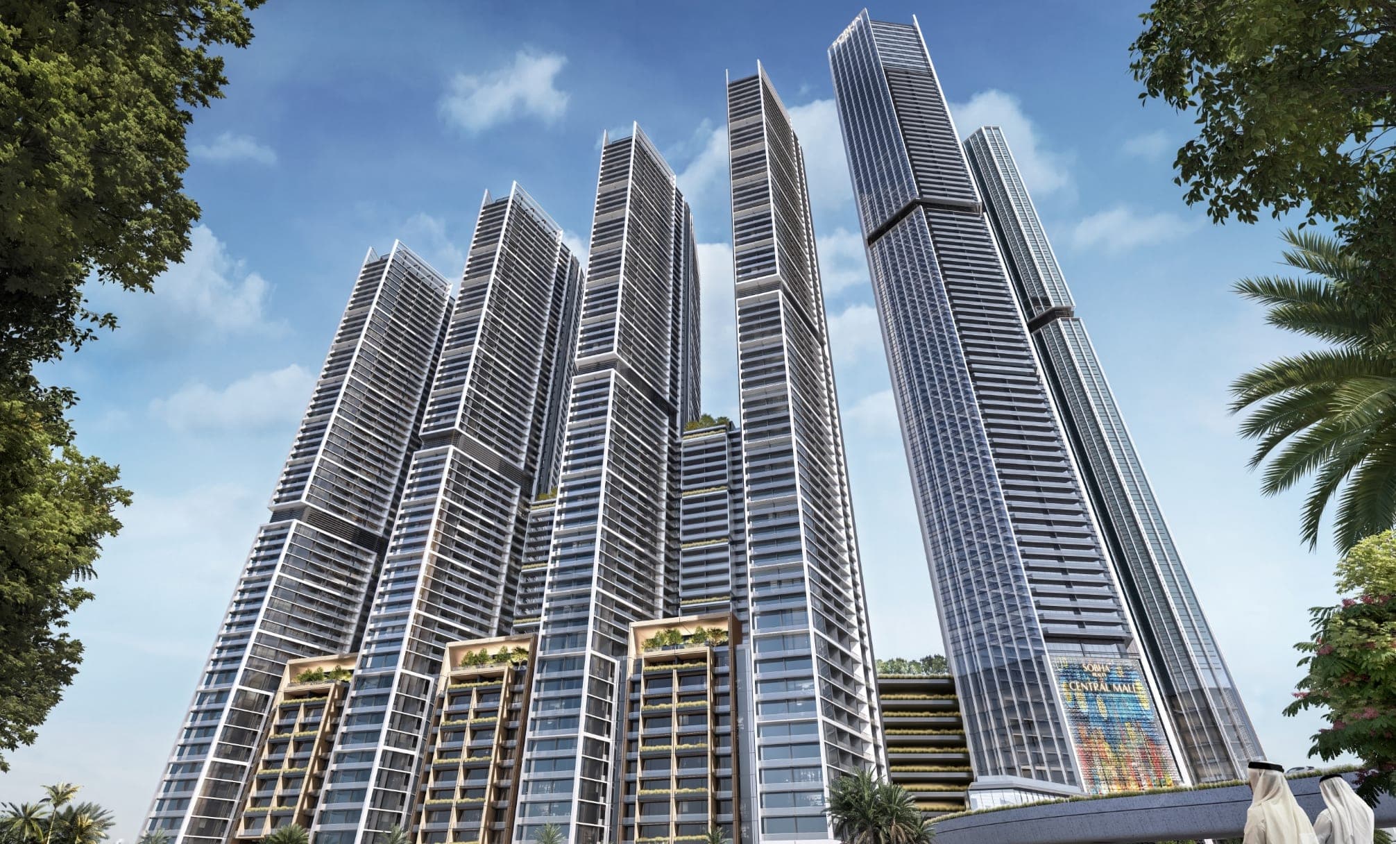 Render of the Sobha Central towers seen looking up from street level, the cluster of slender facades rising above mature trees