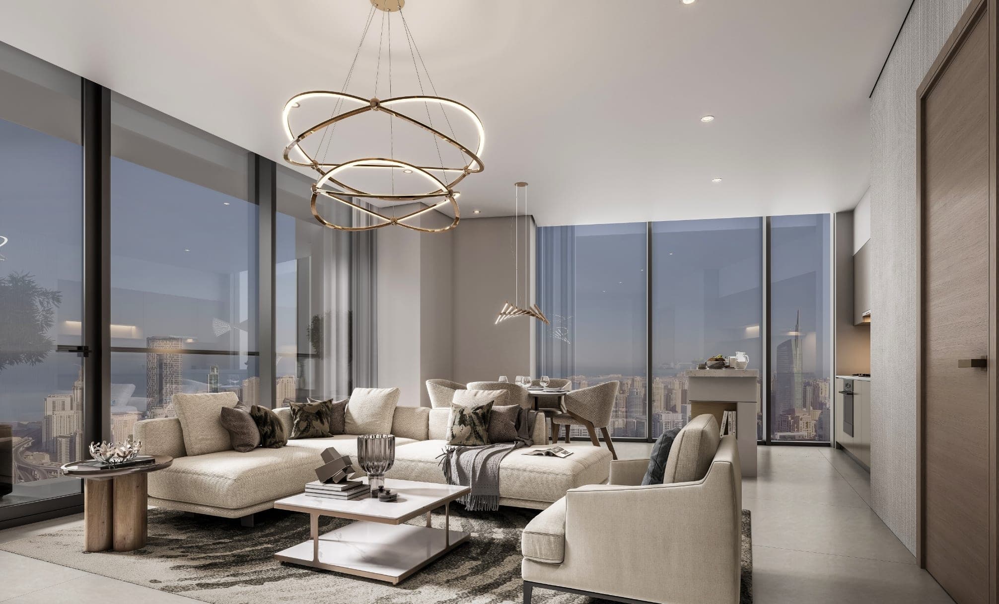 Render of a furnished living room in a Sobha Central apartment, with pale seating, a ring pendant light and full-height windows