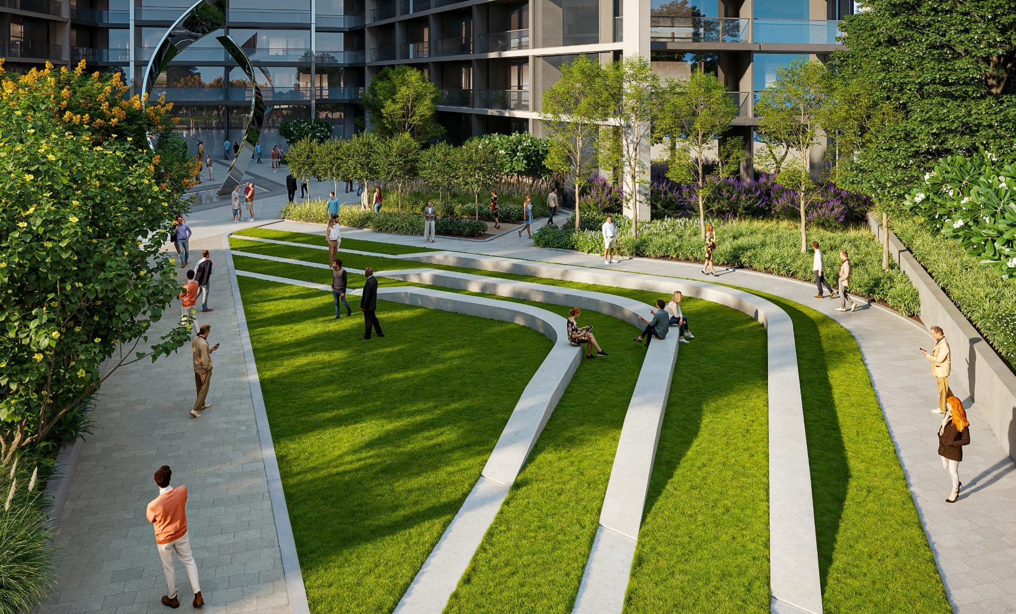 Render of the landscaped park deck at Sobha Central, with lawns, seating terraces and walkways between the towers