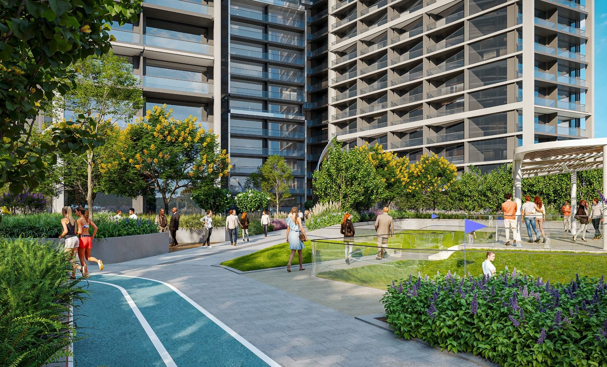 Render of the sports and recreation deck at Sobha Central, with a running track, a games court and planting at the foot of the towers