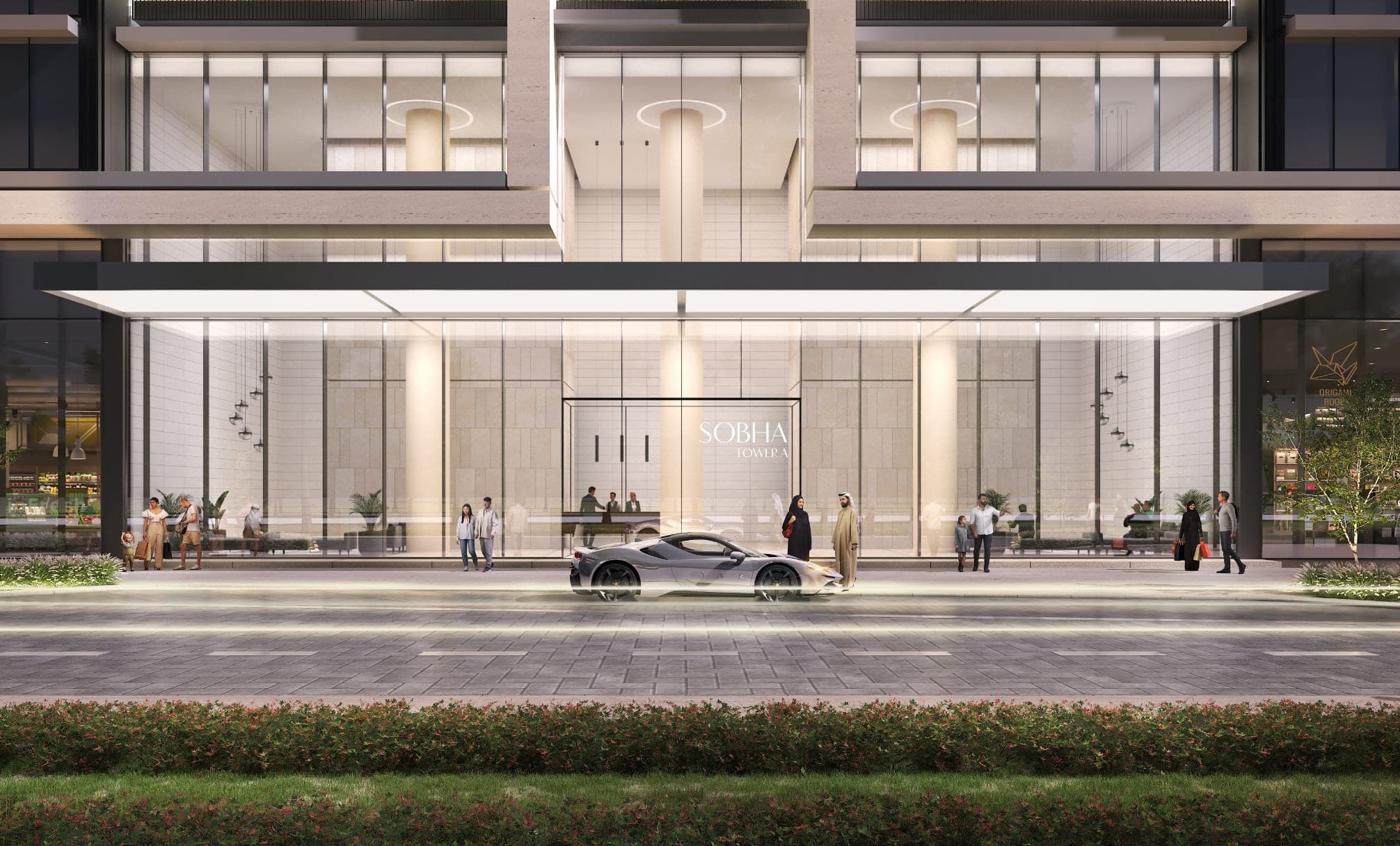 Render of the arrival entrance at Sobha Solis, a colonnaded drop-off canopy beneath the tower with Sobha signage