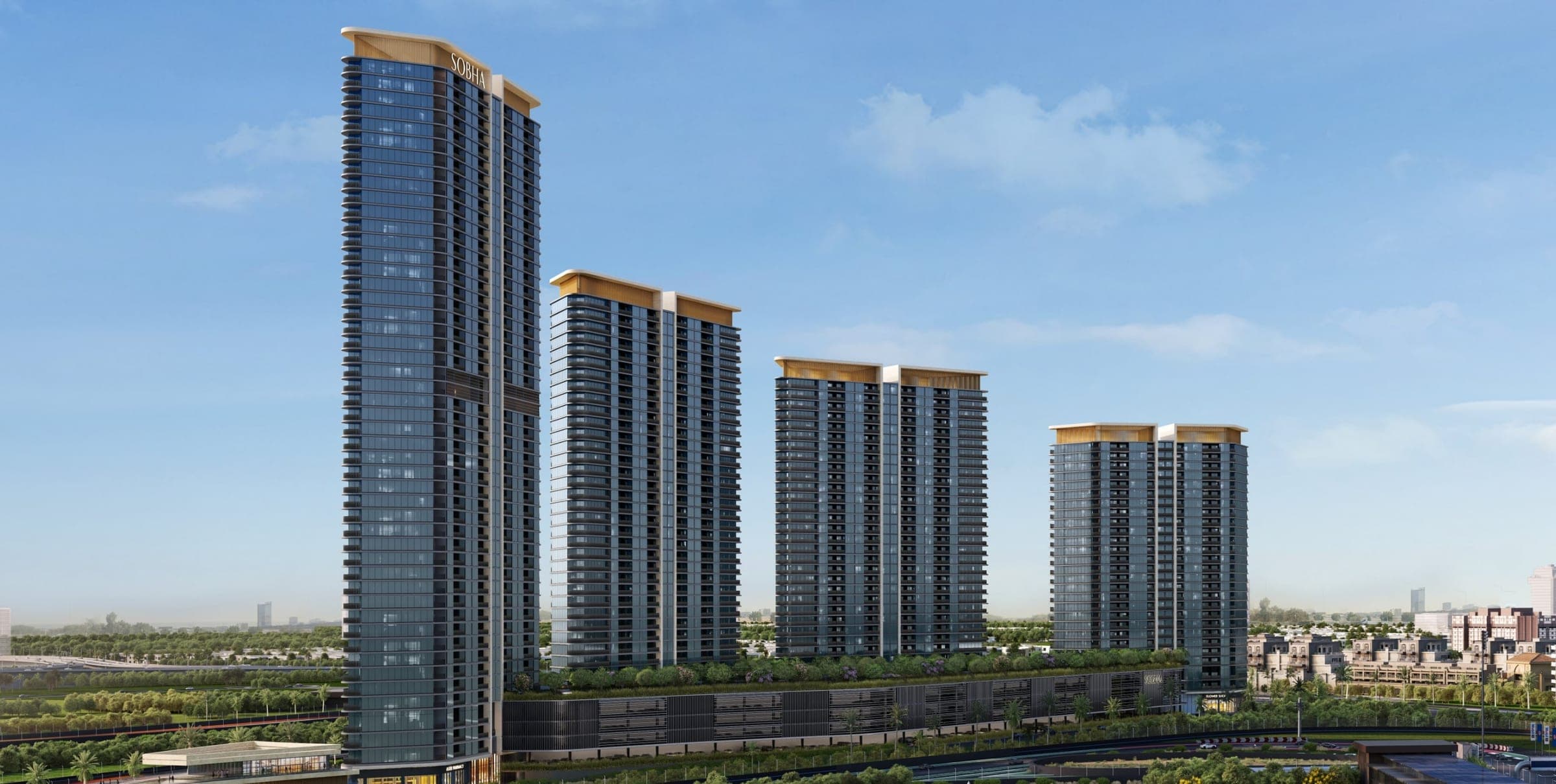 Render of the Sobha Solis towers at Motor City, the group of residential blocks seen across open ground under a clear sky