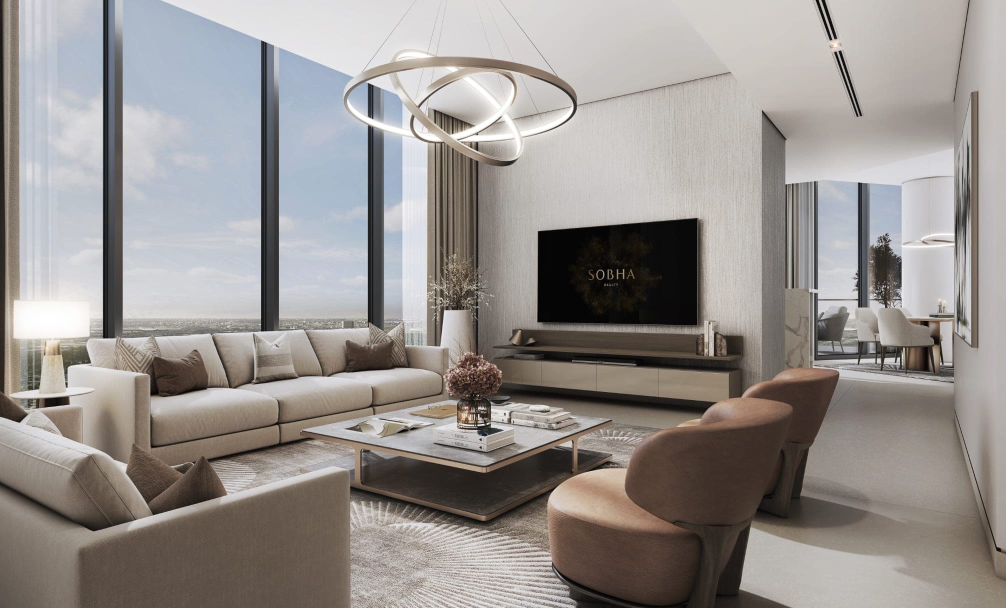 Render of a furnished living room in a Sobha Solis apartment, with a corner sofa, a ring pendant light and windows onto the city