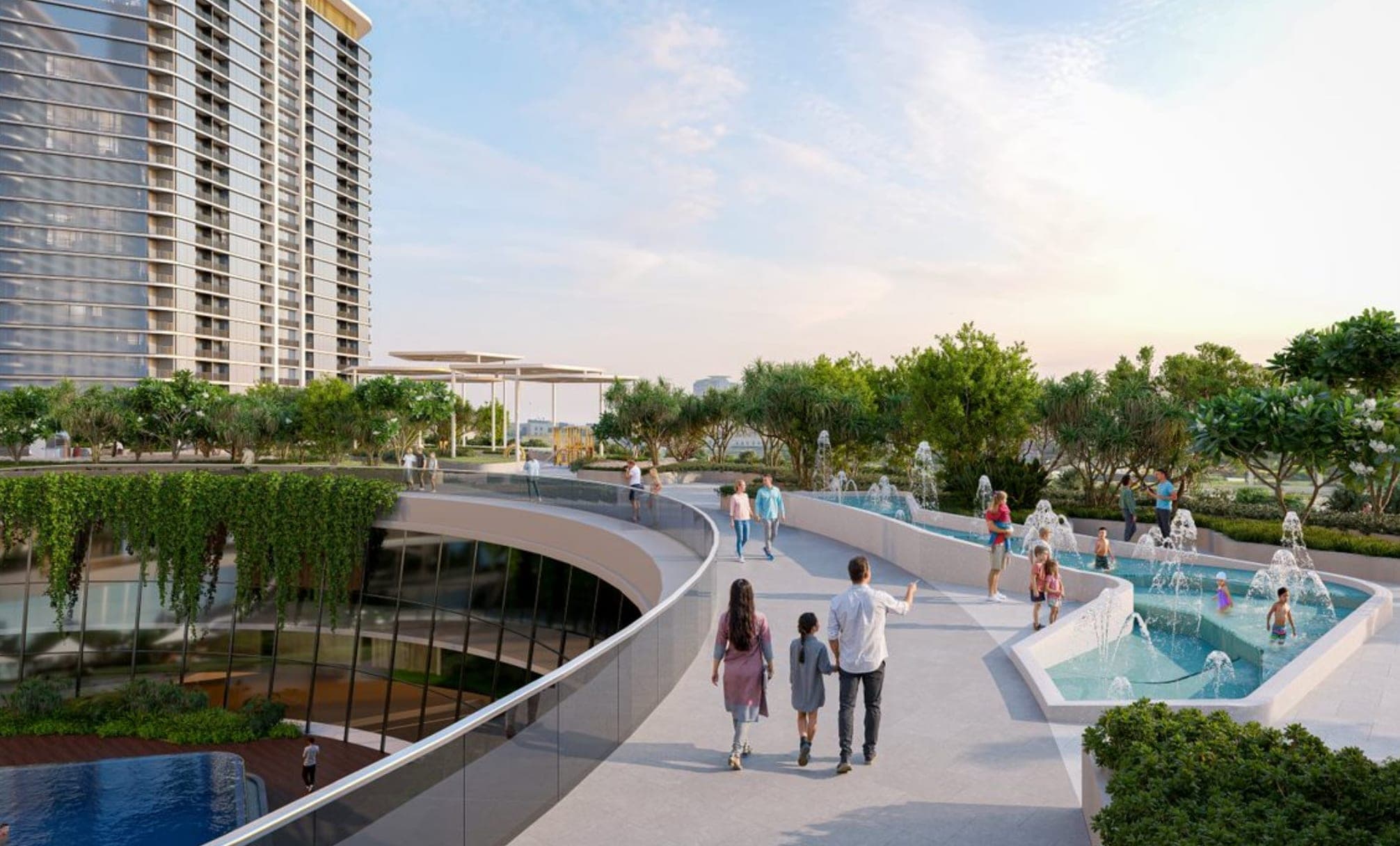 Render of the podium pool deck at Sobha Solis, with a curved walkway, water and planted borders between the towers