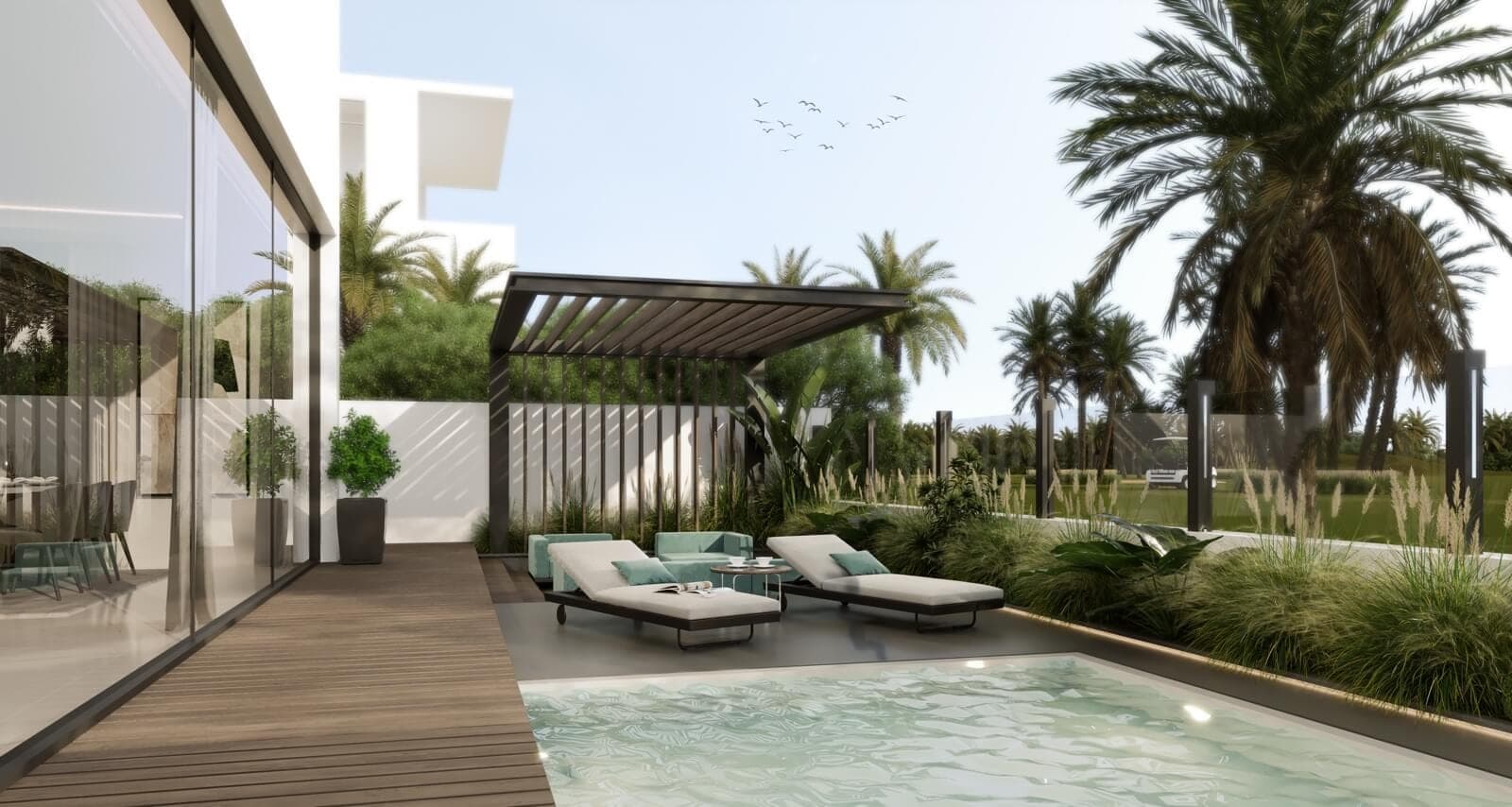 Render of a villa back garden at Terra Golf Collection in Jumeirah Golf Estates, with a plunge pool, a timber deck, two loungers and a pergola over outdoor seating