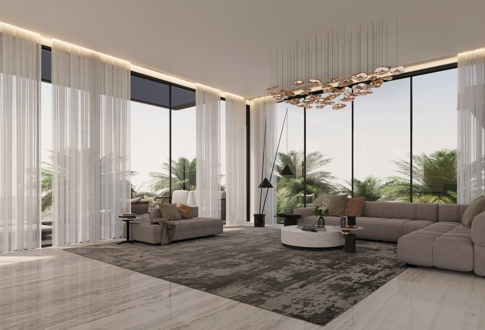 Render of a second-floor living room in a Terra Golf Collection home in Jumeirah Golf Estates, with sheer curtains, a sectional sofa and palms outside full-height windows