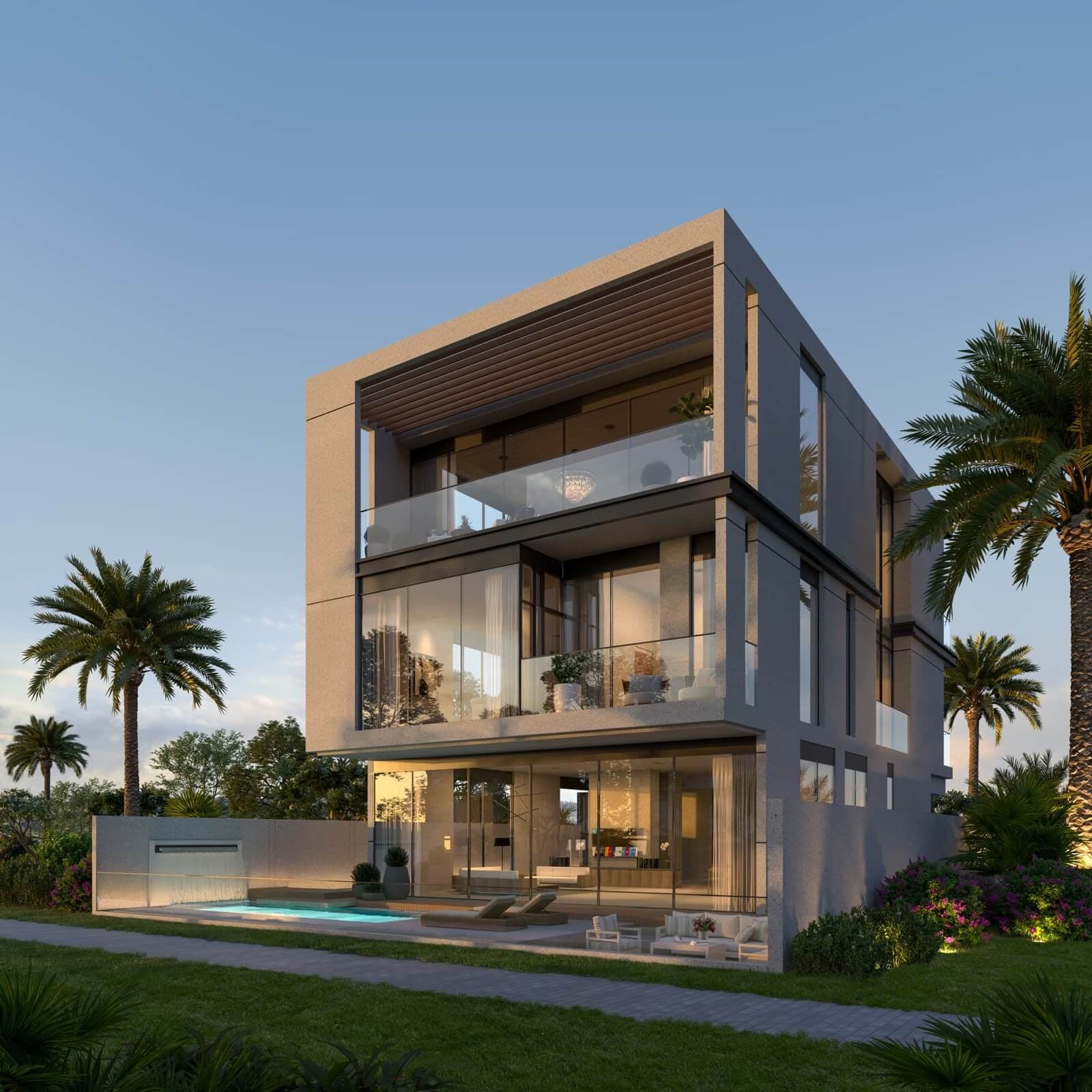 Render of a standalone villa at Terra Golf Collection in Jumeirah Golf Estates from the rear, with a lit pool, lawn and palms below its three glazed storeys