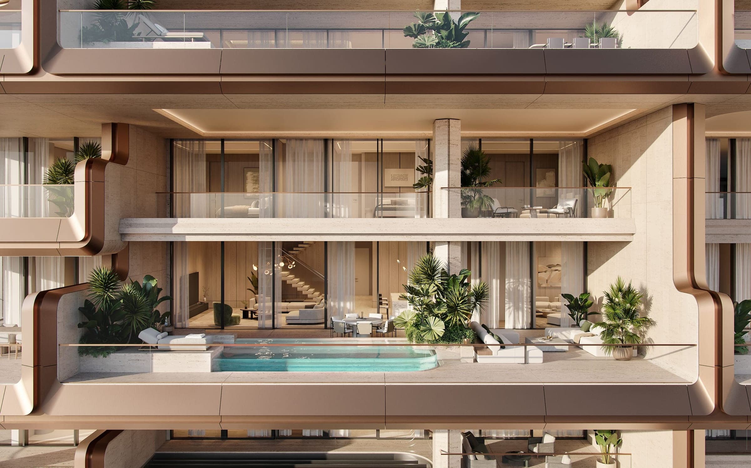 Render of a residence terrace at The Alba Residences, with a plunge pool framed by curved facade bands
