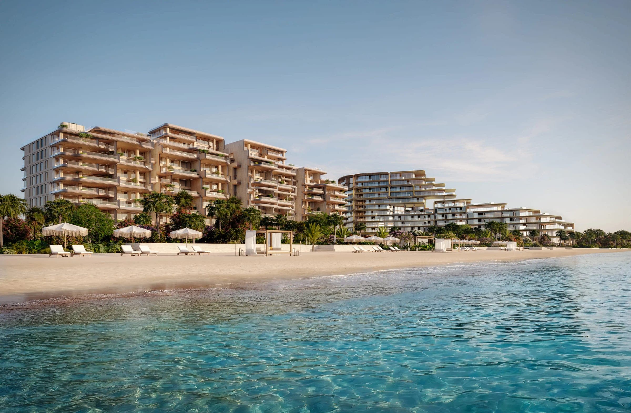 Render of The Alba Resort Residences on Palm Jumeirah seen from the water, the stepped buildings lining a sandy beach